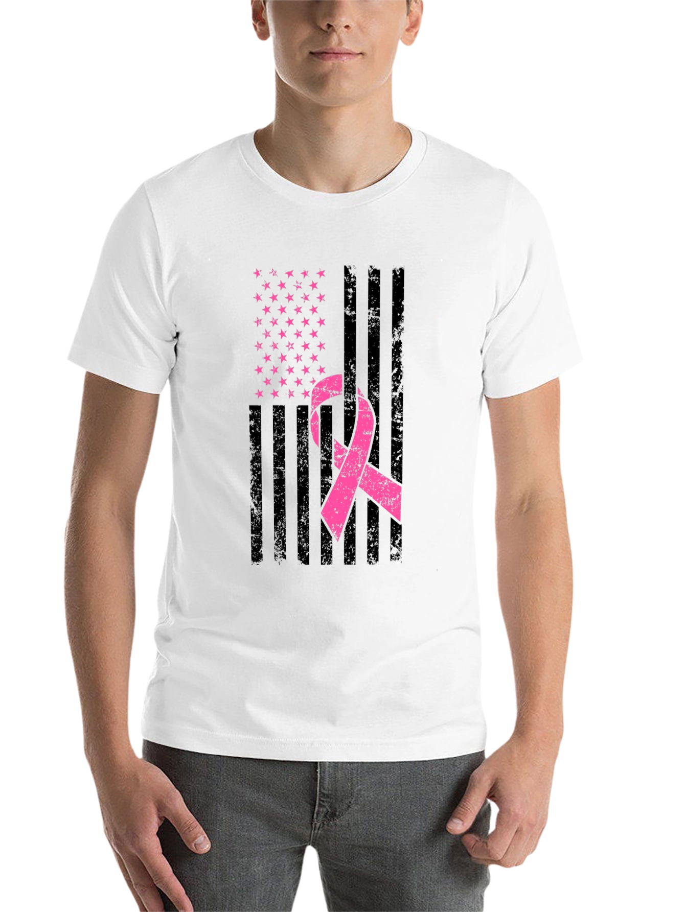 Black Breast Cancer Awareness American Flag T-Shirt view 14