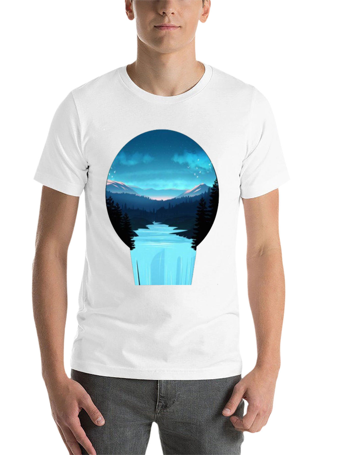 Black Nature Vista Black Tee - Artistic Mountain Waterfall Design view 14
