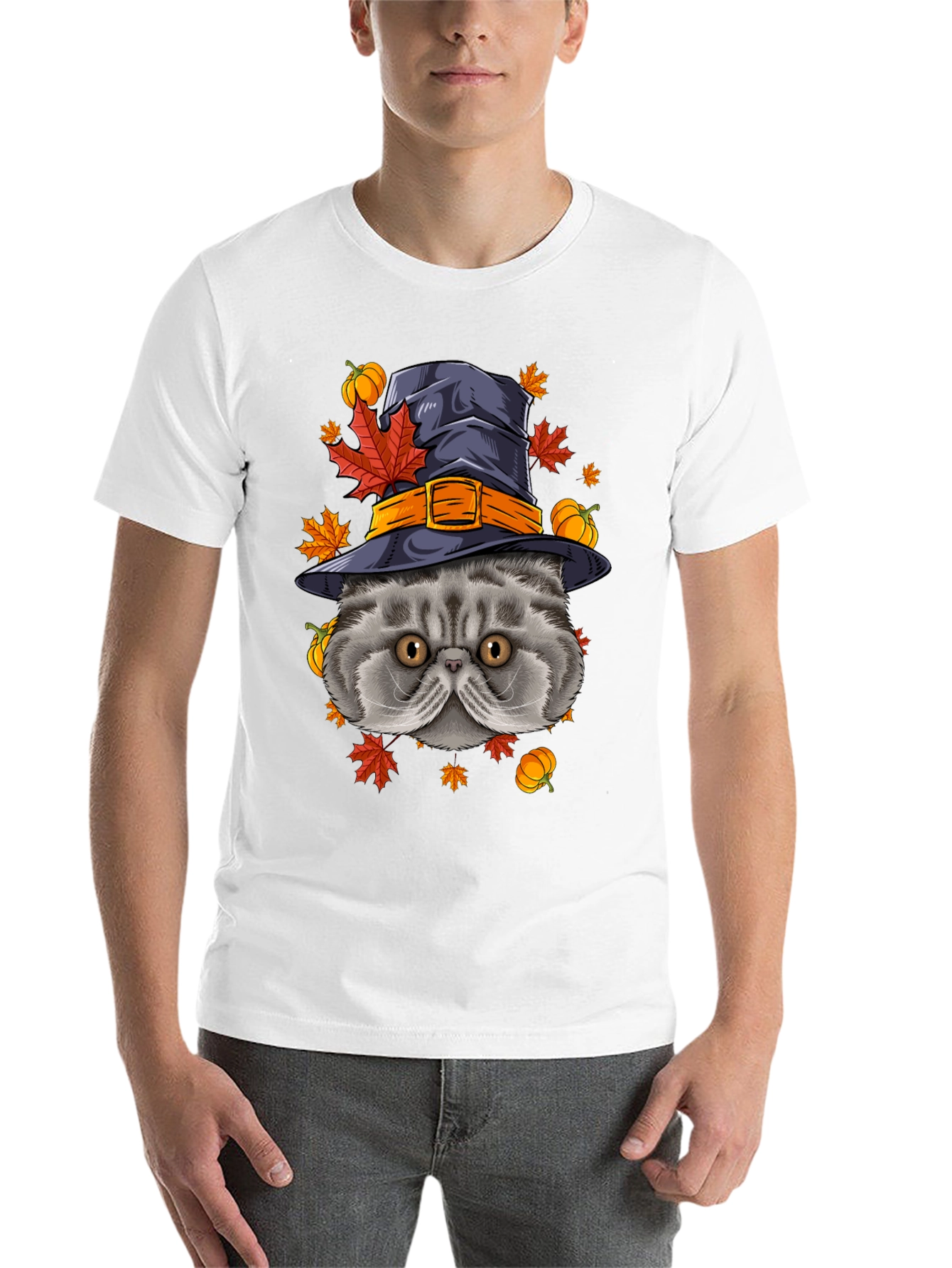 Black Halloween Cat T-Shirt with Witch Hat & Pumpkins view 14