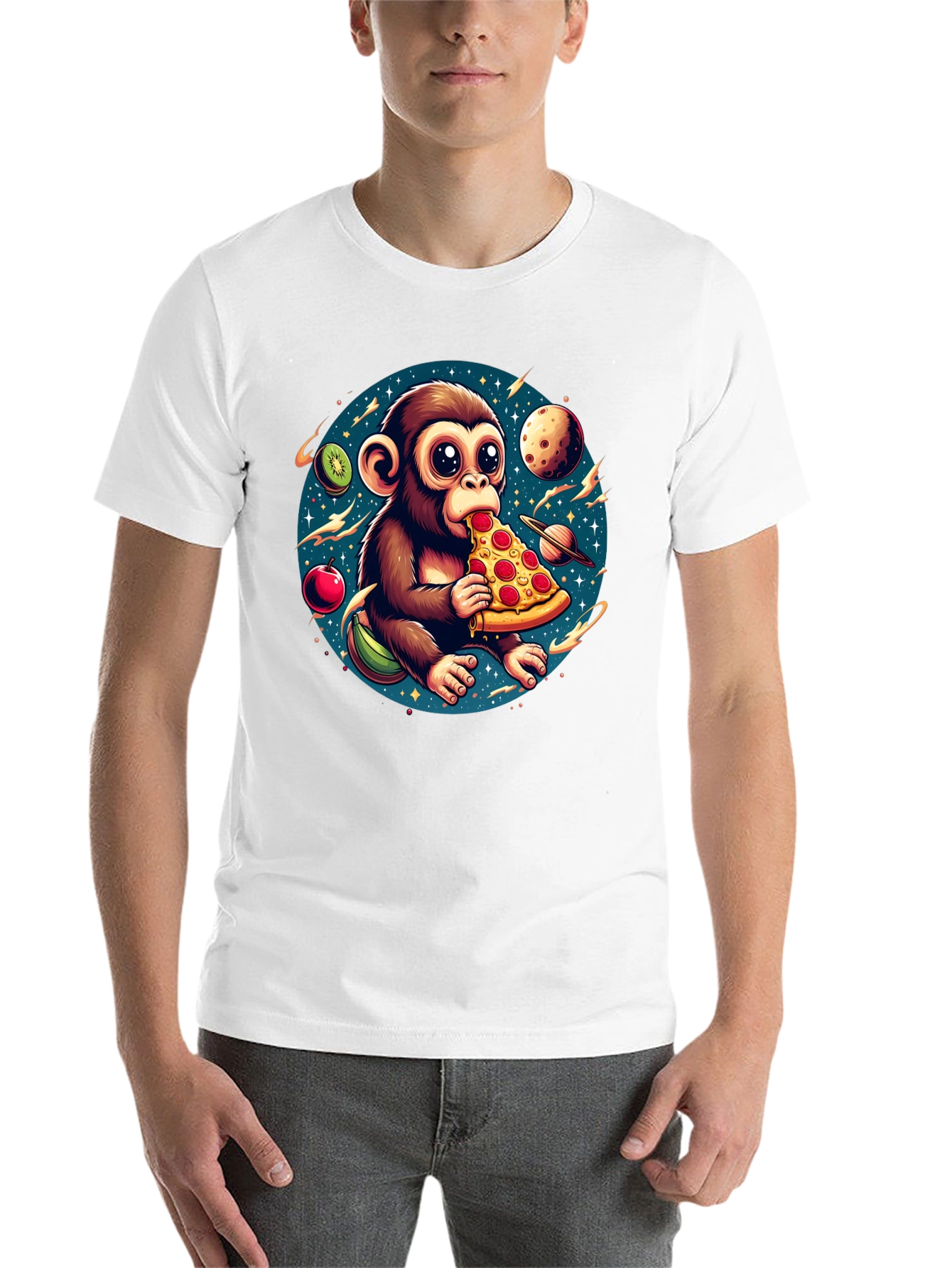 Black Monkey Eating Pizza in Space T-Shirt view 14