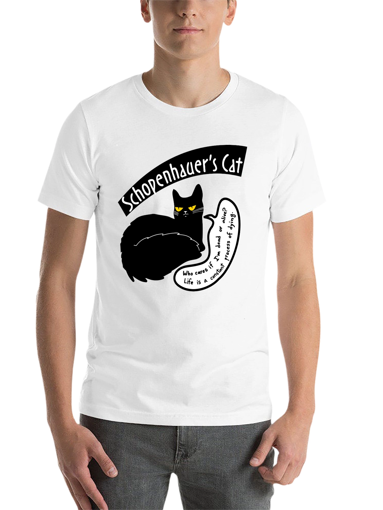 Black Schopenhauer's Cat Graphic Tee - Philosophical Humor T-Shirt view 14
