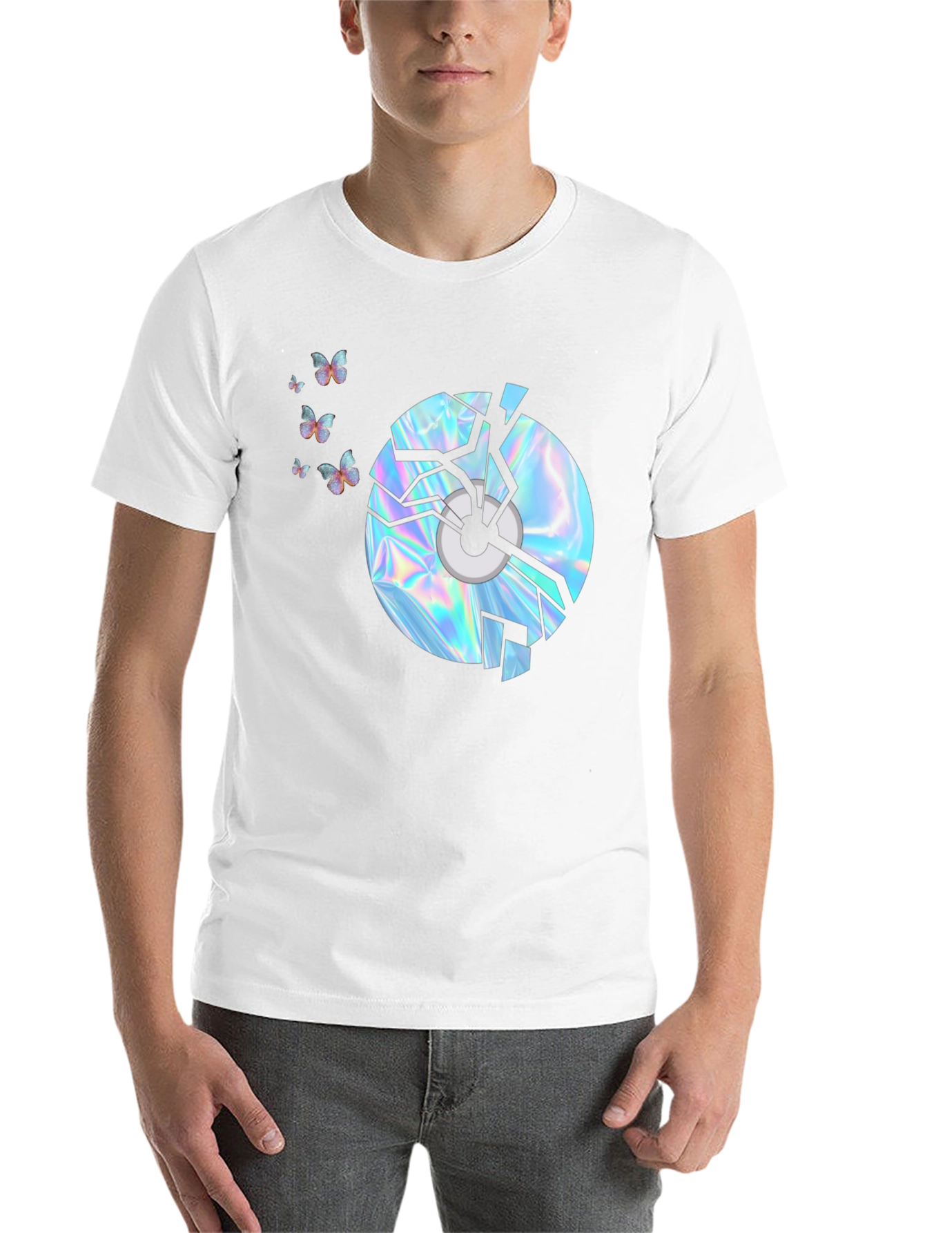Black Broken CD Graphic Tee - Holographic Butterflies Design view 14
