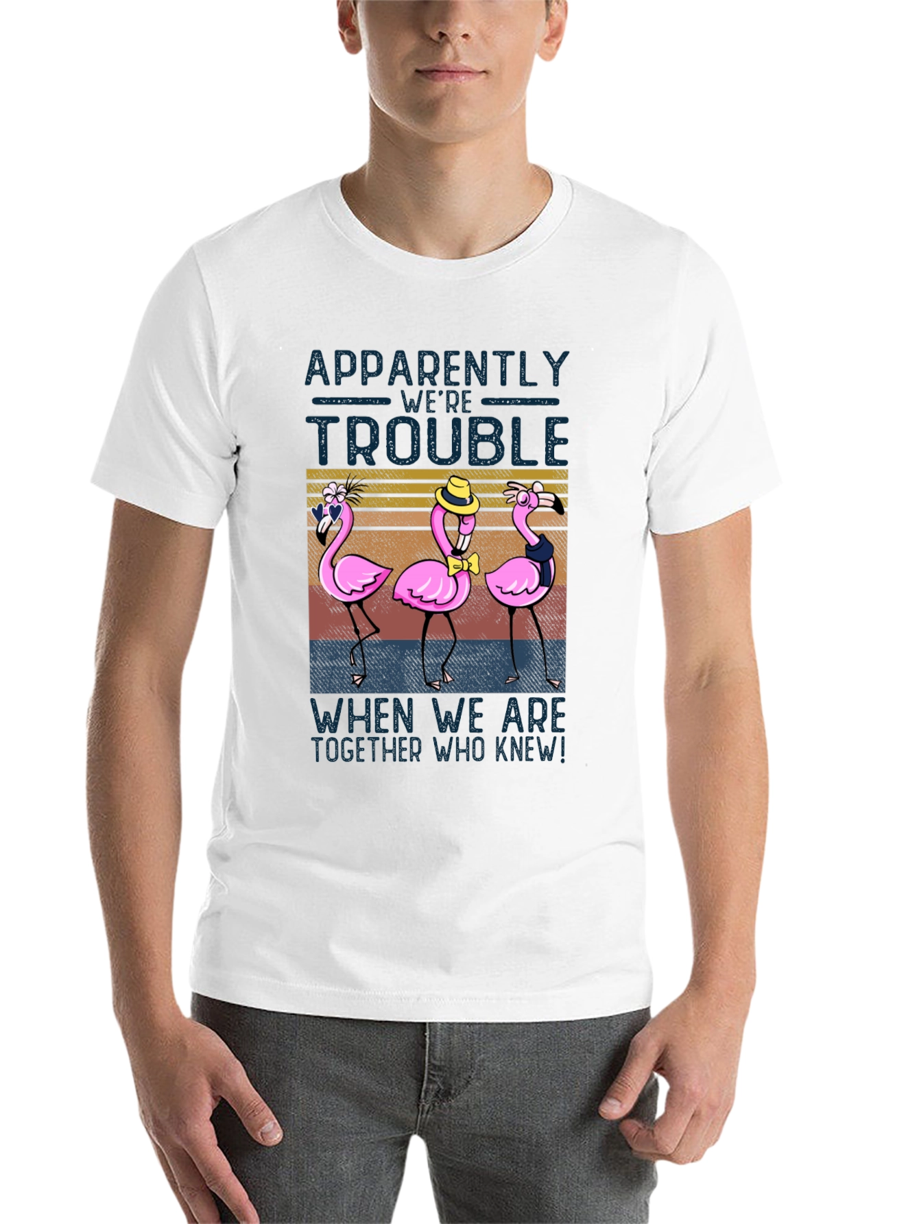 Black Funny Flamingo Trouble T-Shirt - Novelty Design view 14