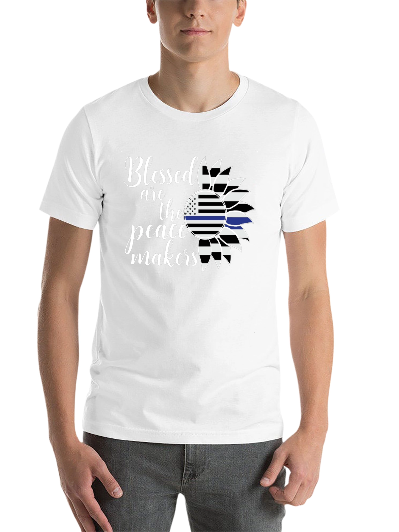 Black Blessed Peacemakers T-Shirt - Thin Blue Line Sunflower view 14