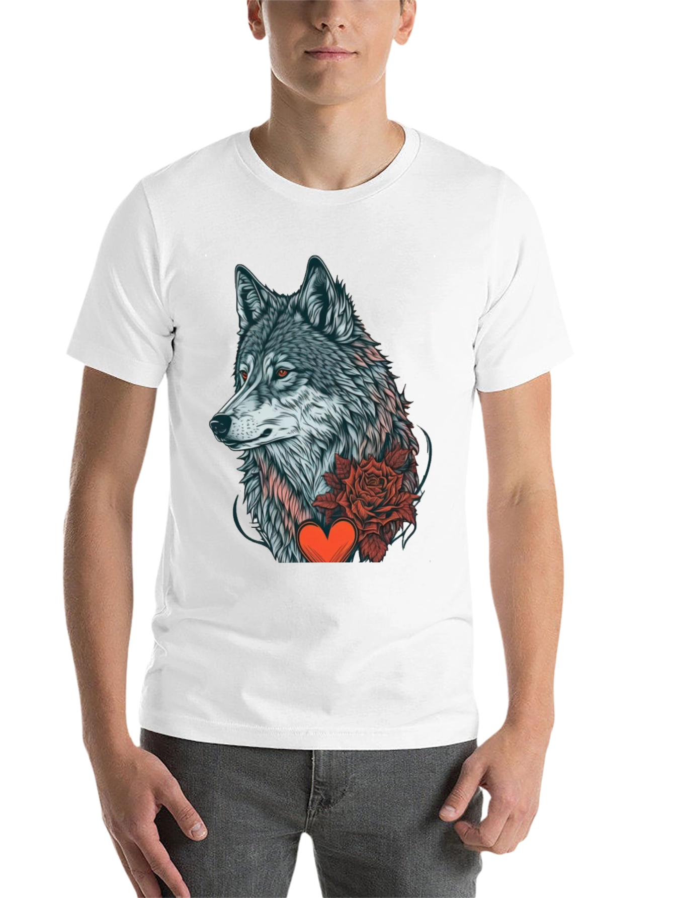 Black Wolf Rose Heart Graphic Black T-Shirt view 14