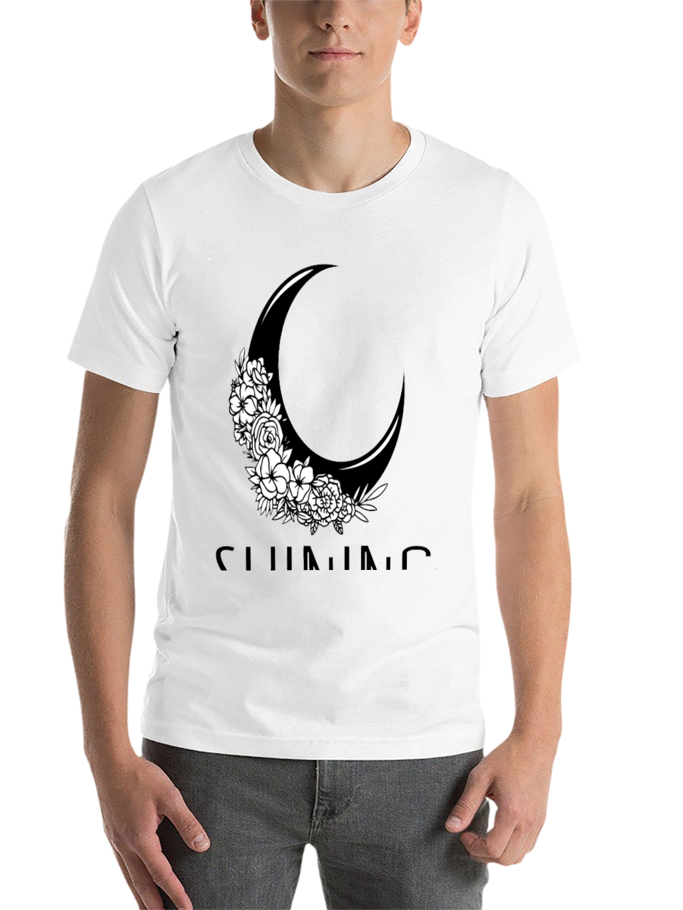 Black Floral Crescent Moon Graphic Tee - Black Cotton Casual Shirt view 14