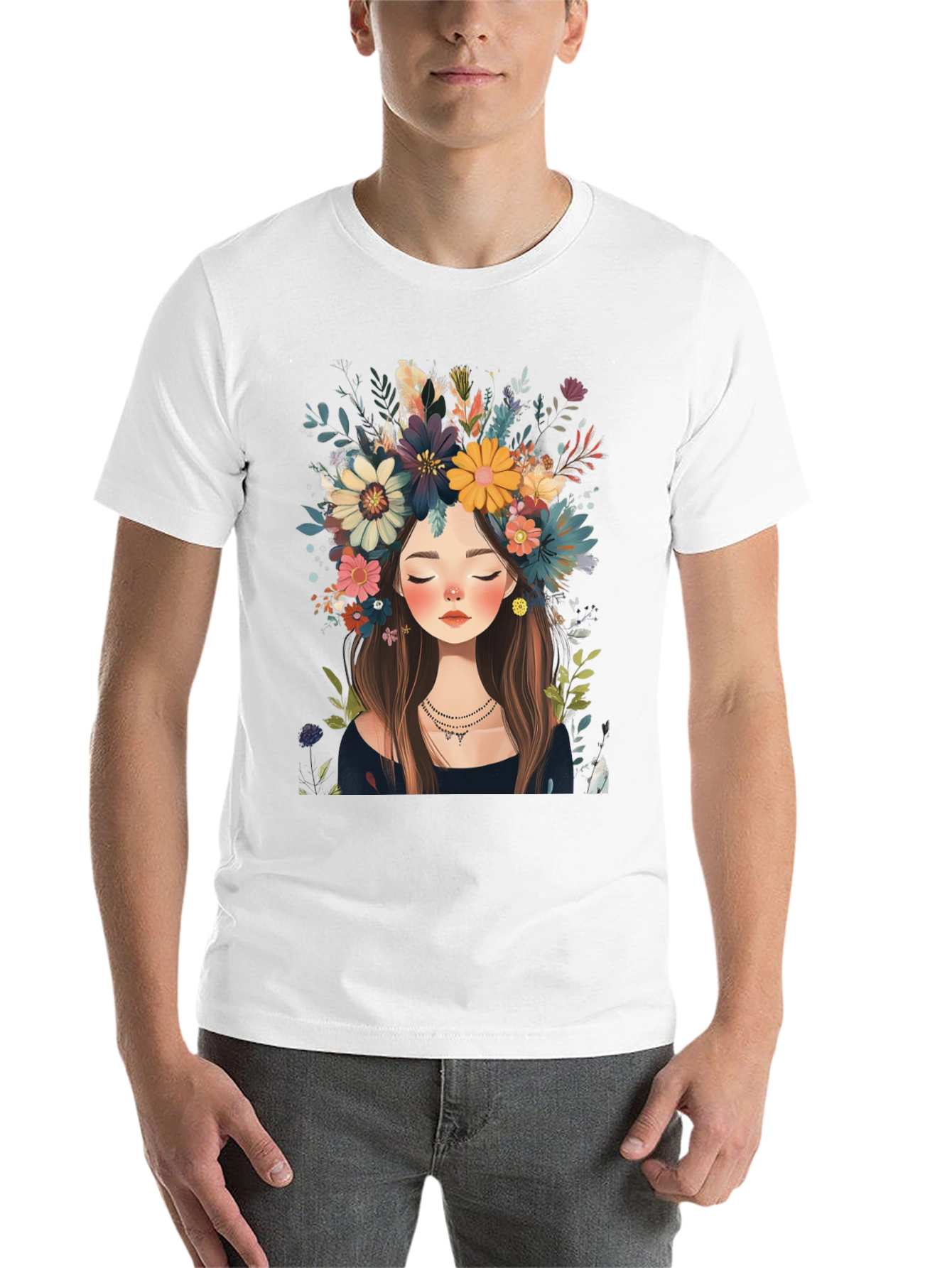 Black Floral Crown Girl Black T-Shirt view 14