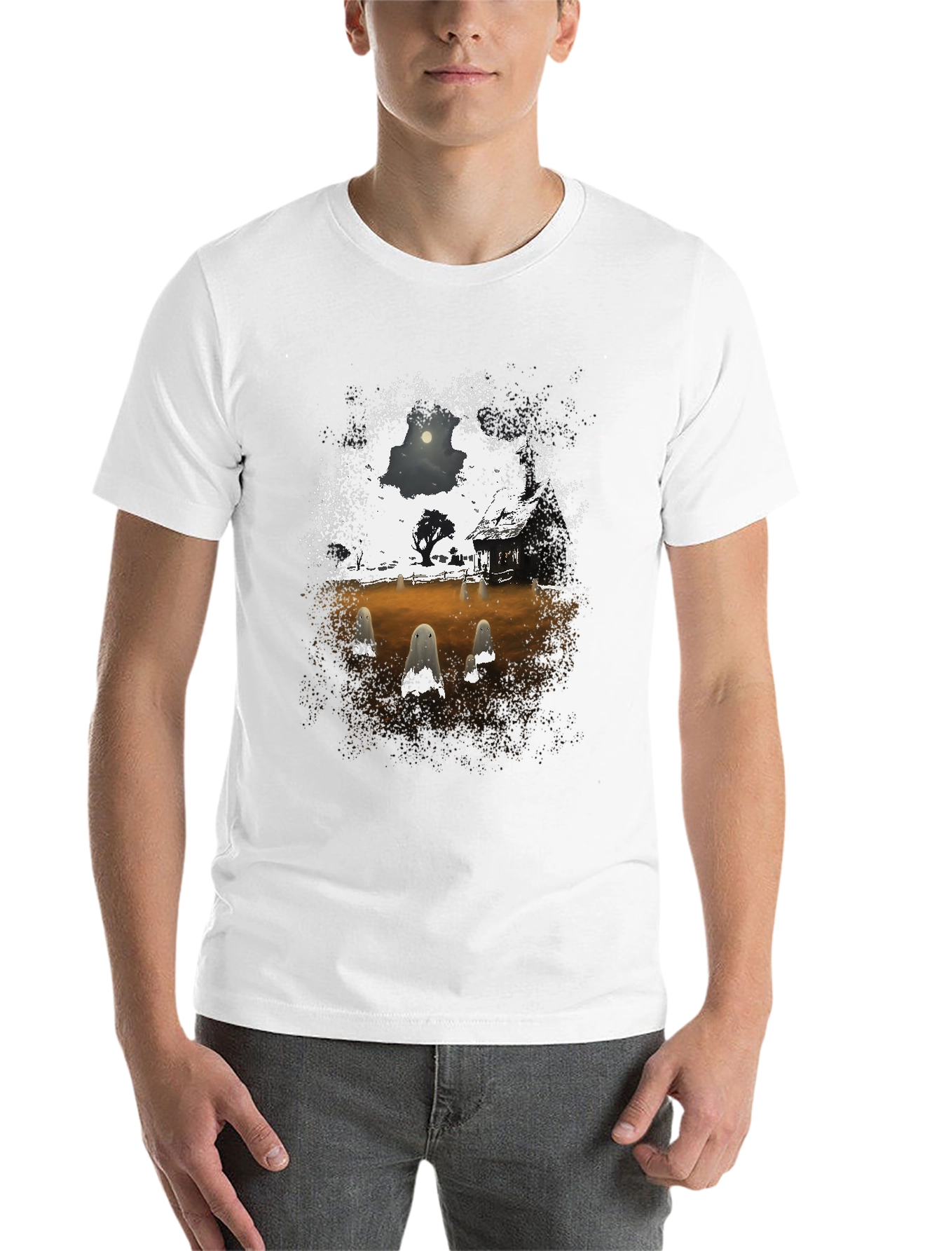 Black Spooky Ghost Scene Graphic T-Shirt view 14