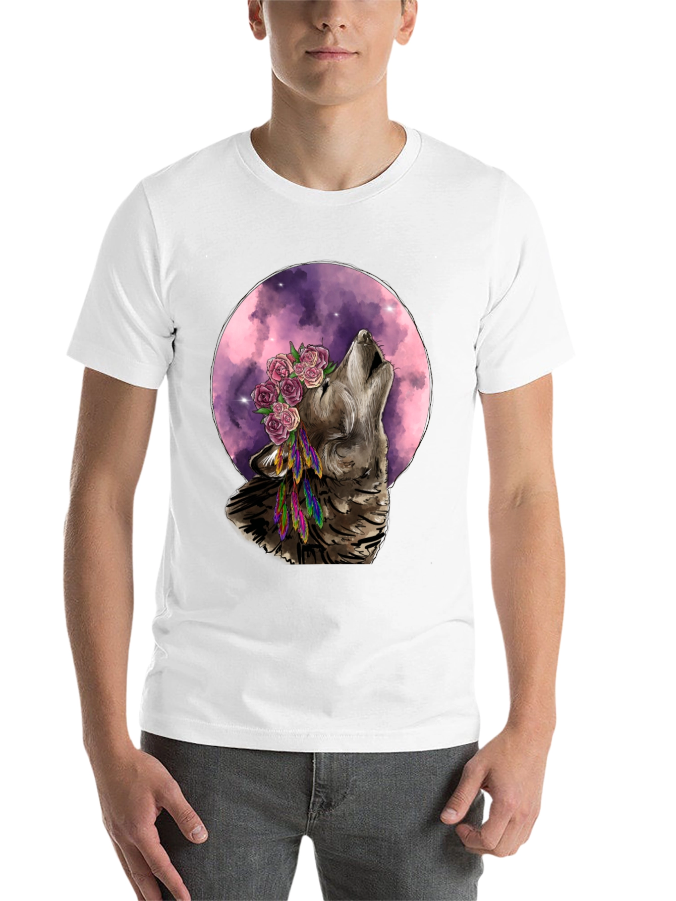 Black Wolf Moon Flower Crown T-Shirt - Nature Inspired Graphic Tee view 14