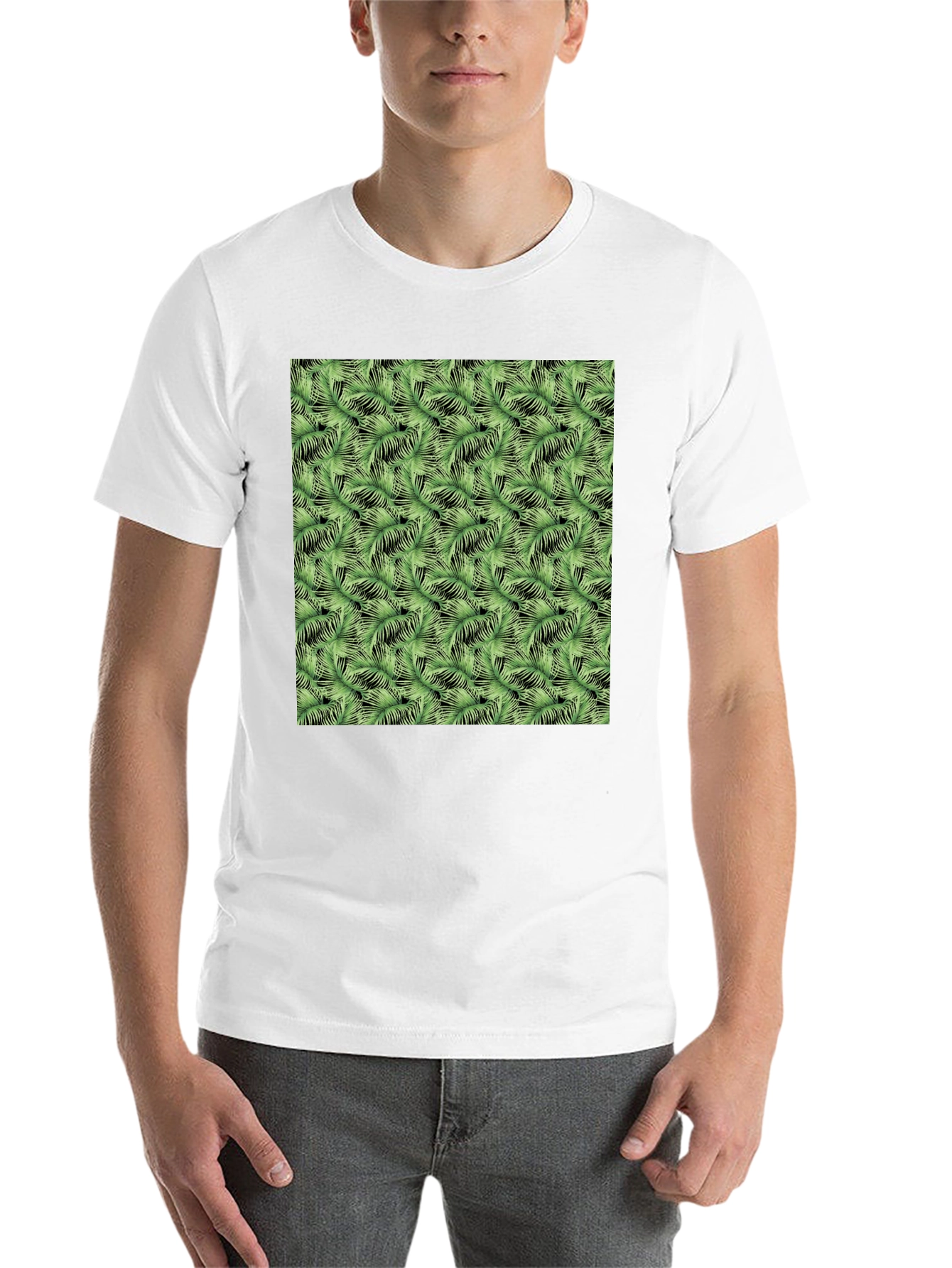 Black Tropical Green Leaf Print Black T-Shirt view 14