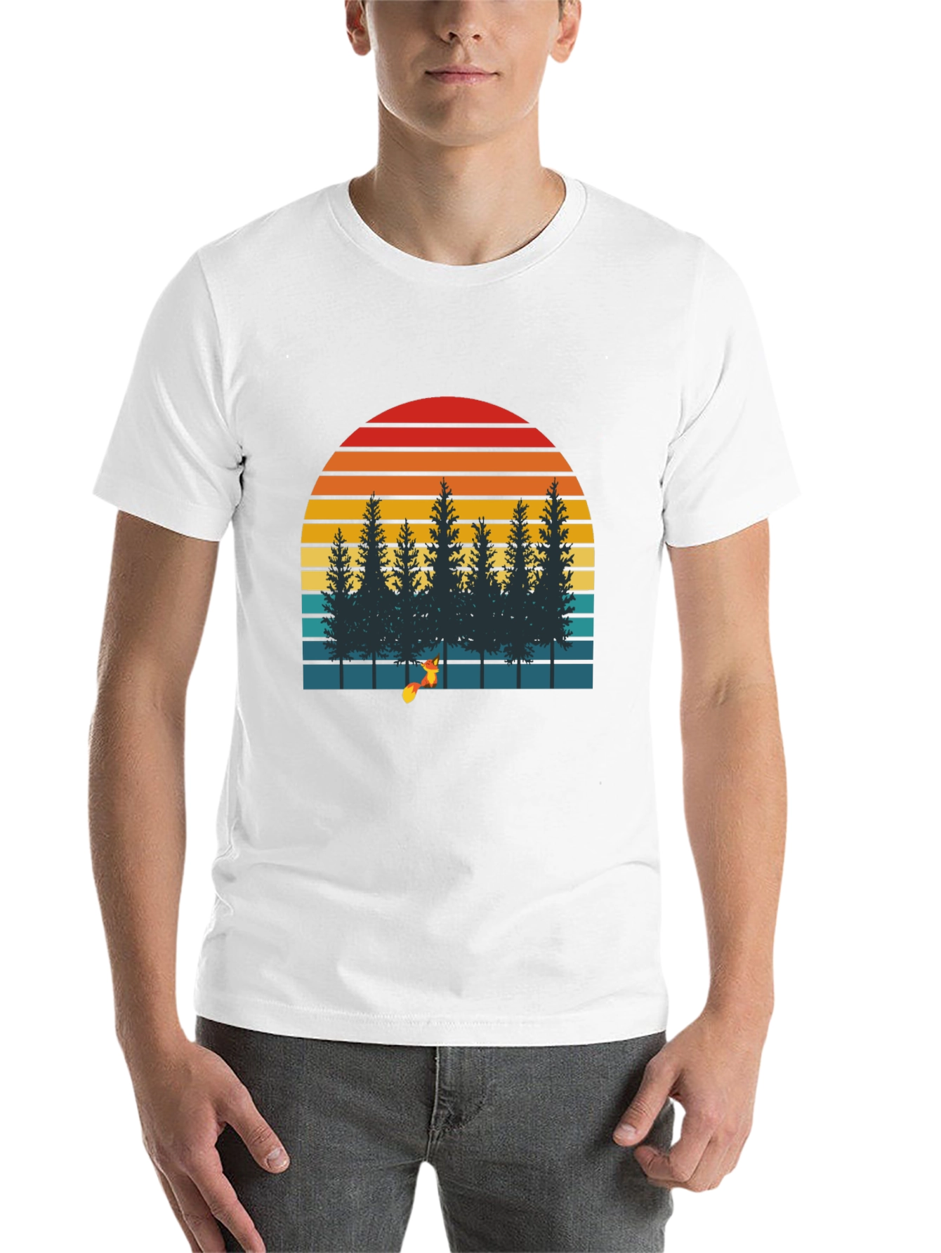 Black Retro Sunset Forest Fox Graphic T-Shirt view 14