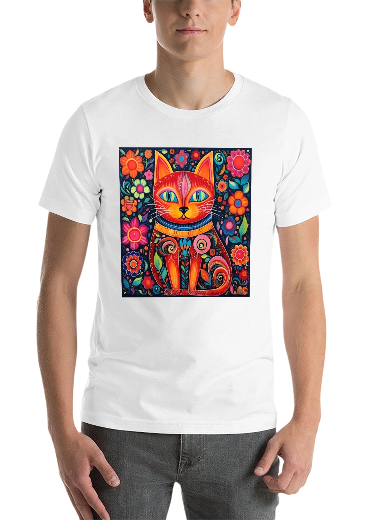 Black Colorful Cat Art T-Shirt - Whimsical Floral Feline Design view 14