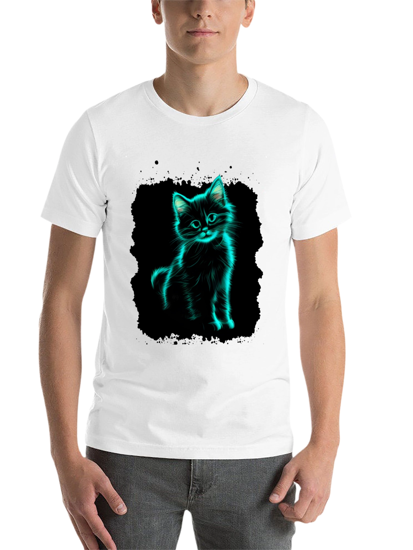 Black Neon Cat Graphic Black T-Shirt view 14