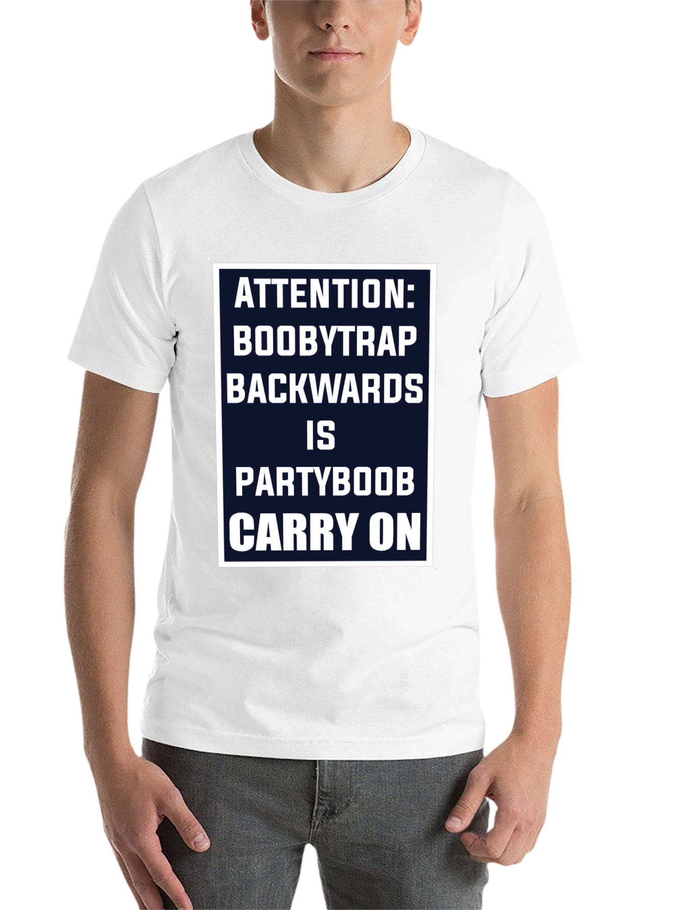 Black Attention Boobytrap Partyboob Funny T-Shirt view 14