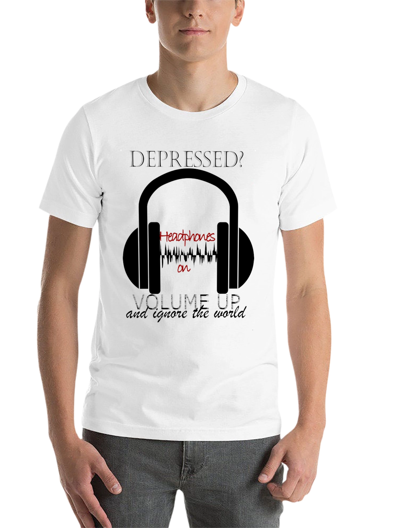 Black Depressed? Headphones T-Shirt - Ignore the World view 14