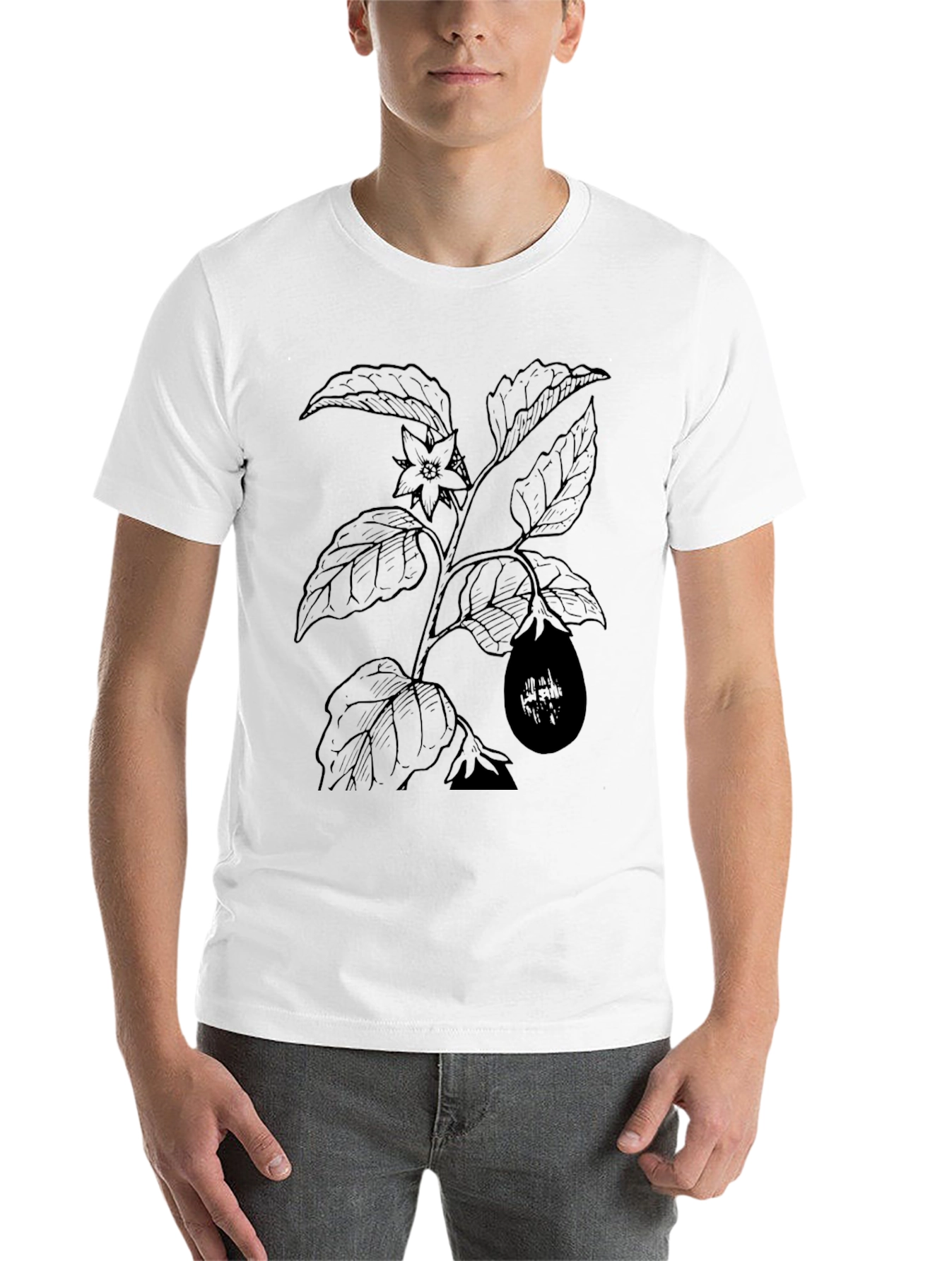 Botanical Eggplant Print Black T-Shirt - 14