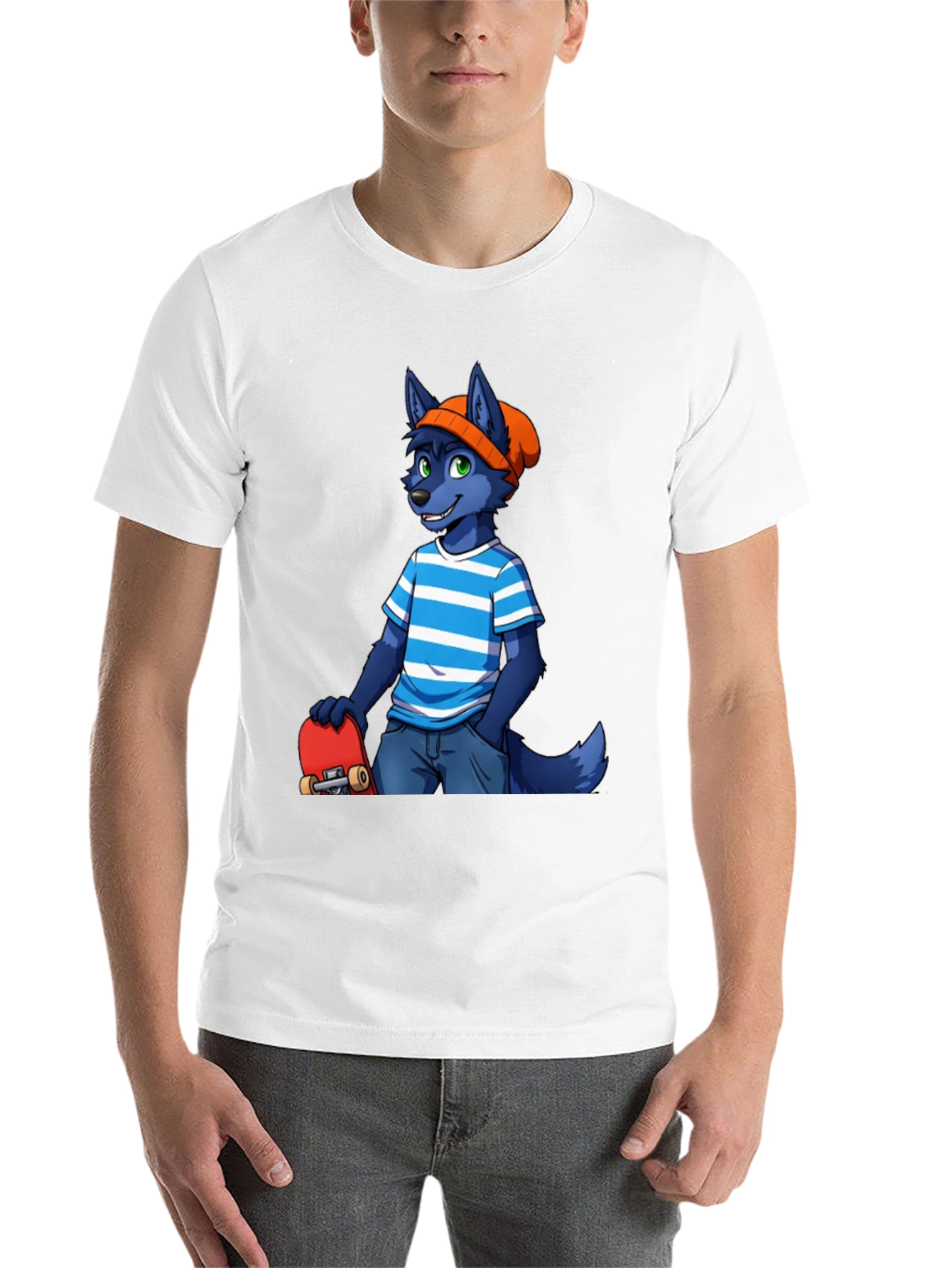 Black Furry Skater T-Shirt - Cool Blue Wolf Design view 14