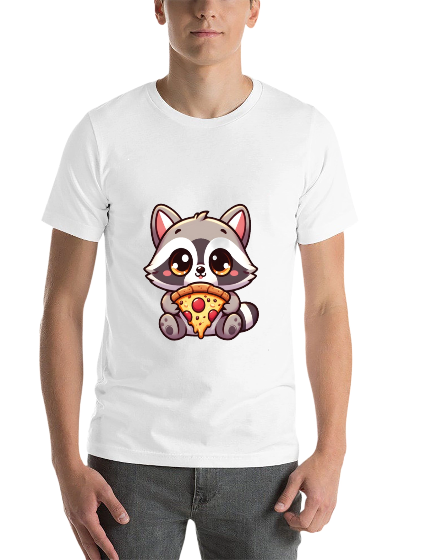Black Cute Raccoon Pizza T-Shirt - Unisex Graphic Tee view 14