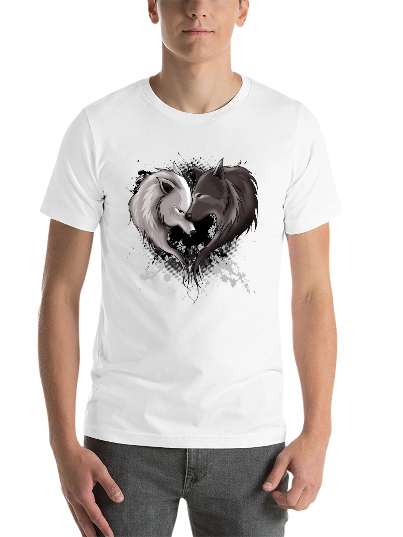 Black Yin Yang Wolves Heart Graphic T-Shirt view 14