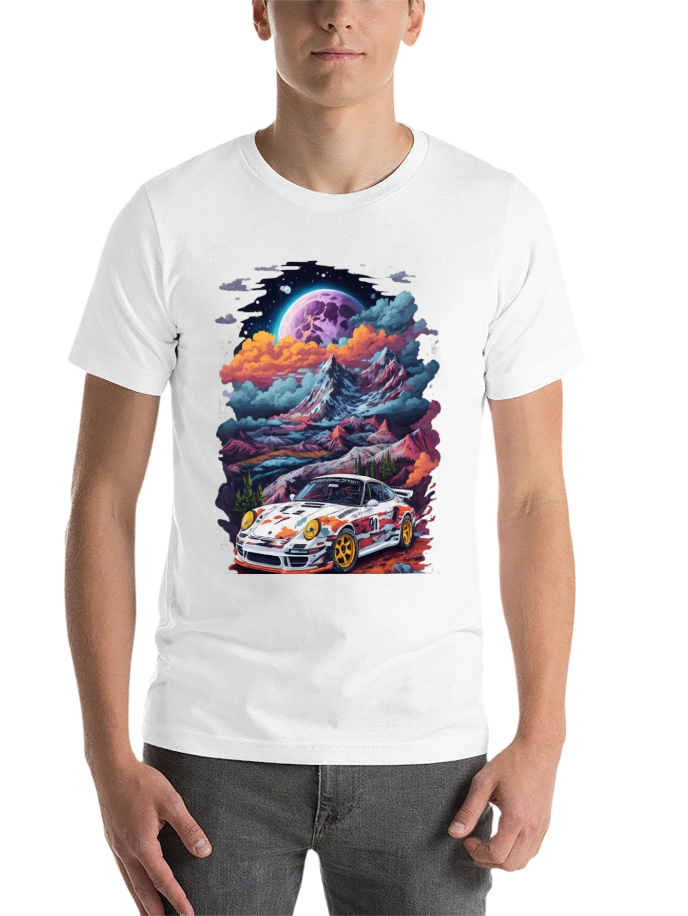 Black Retro Racer T-Shirt: Car & Mountain Design view 14