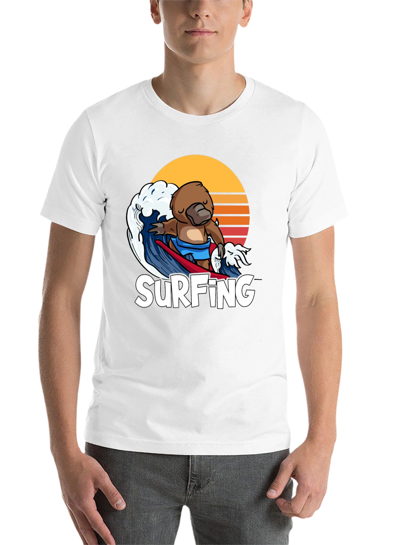 Black Surfing Platypus T-Shirt - Retro Wave Design view 14