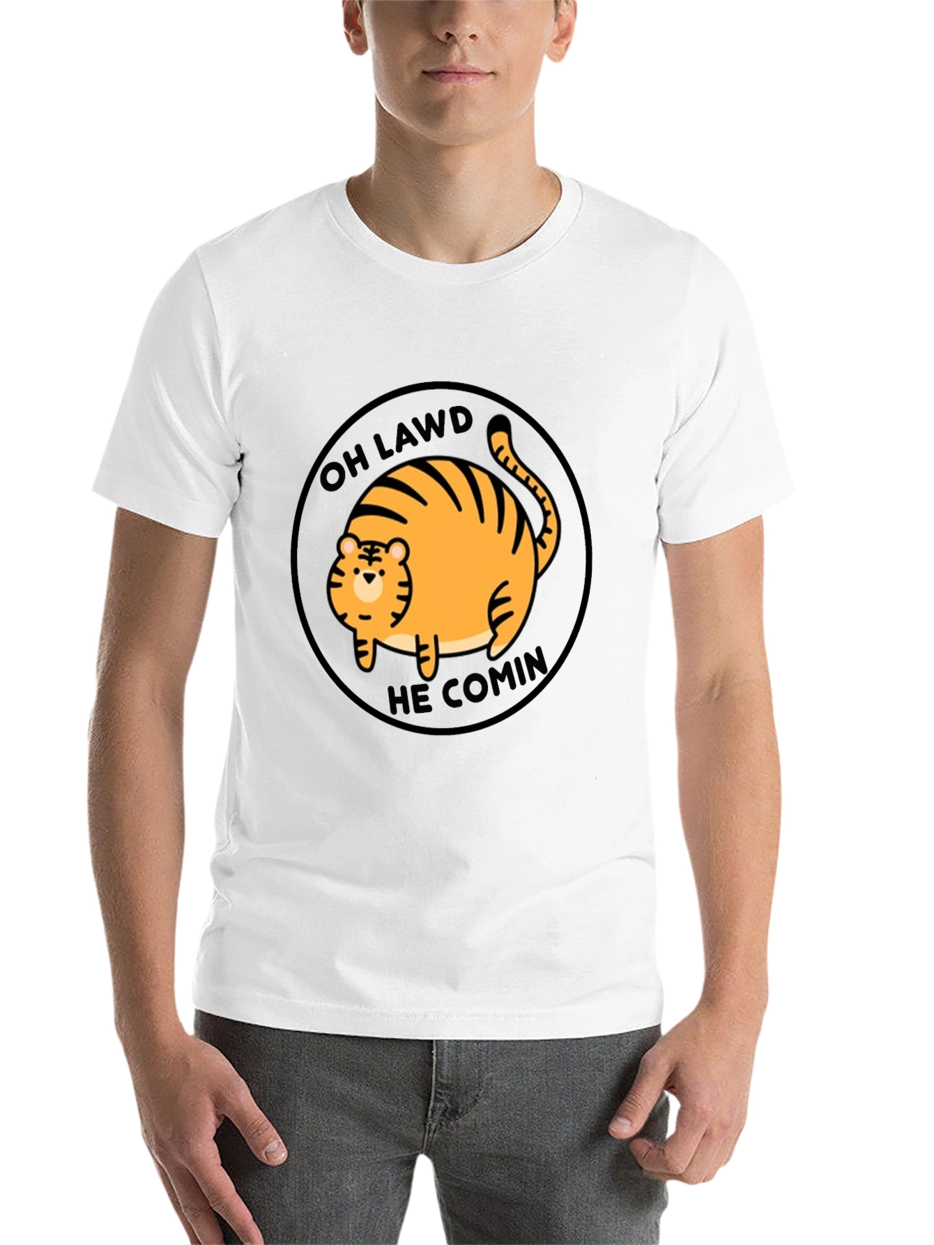 Black Oh Lawd He Comin' Cat T-Shirt - Funny Round Orange Tabby Tee view 14