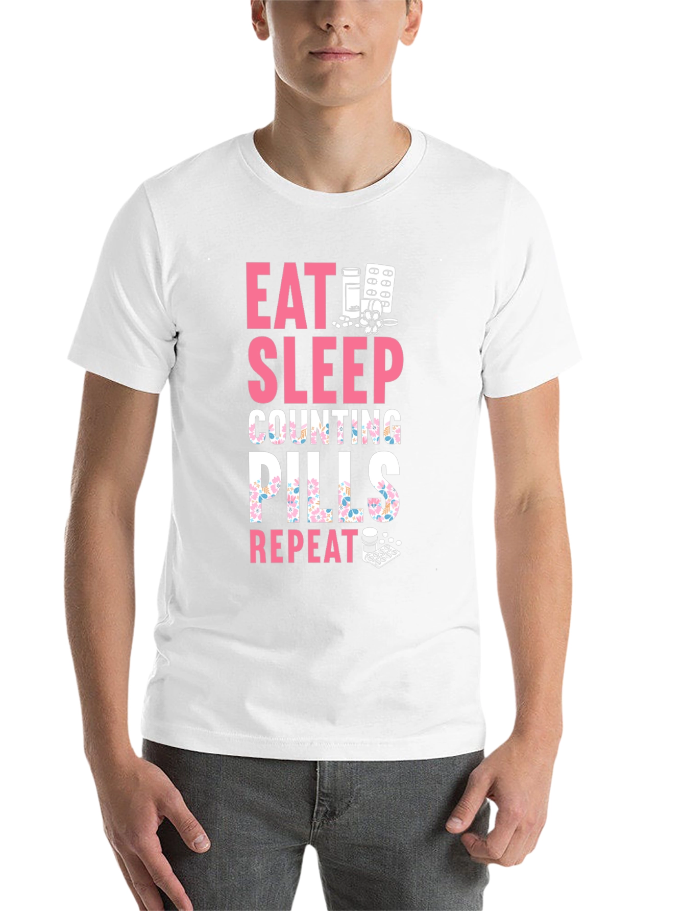 Black Eat Sleep Counting Pills Funny T-Shirt view 14
