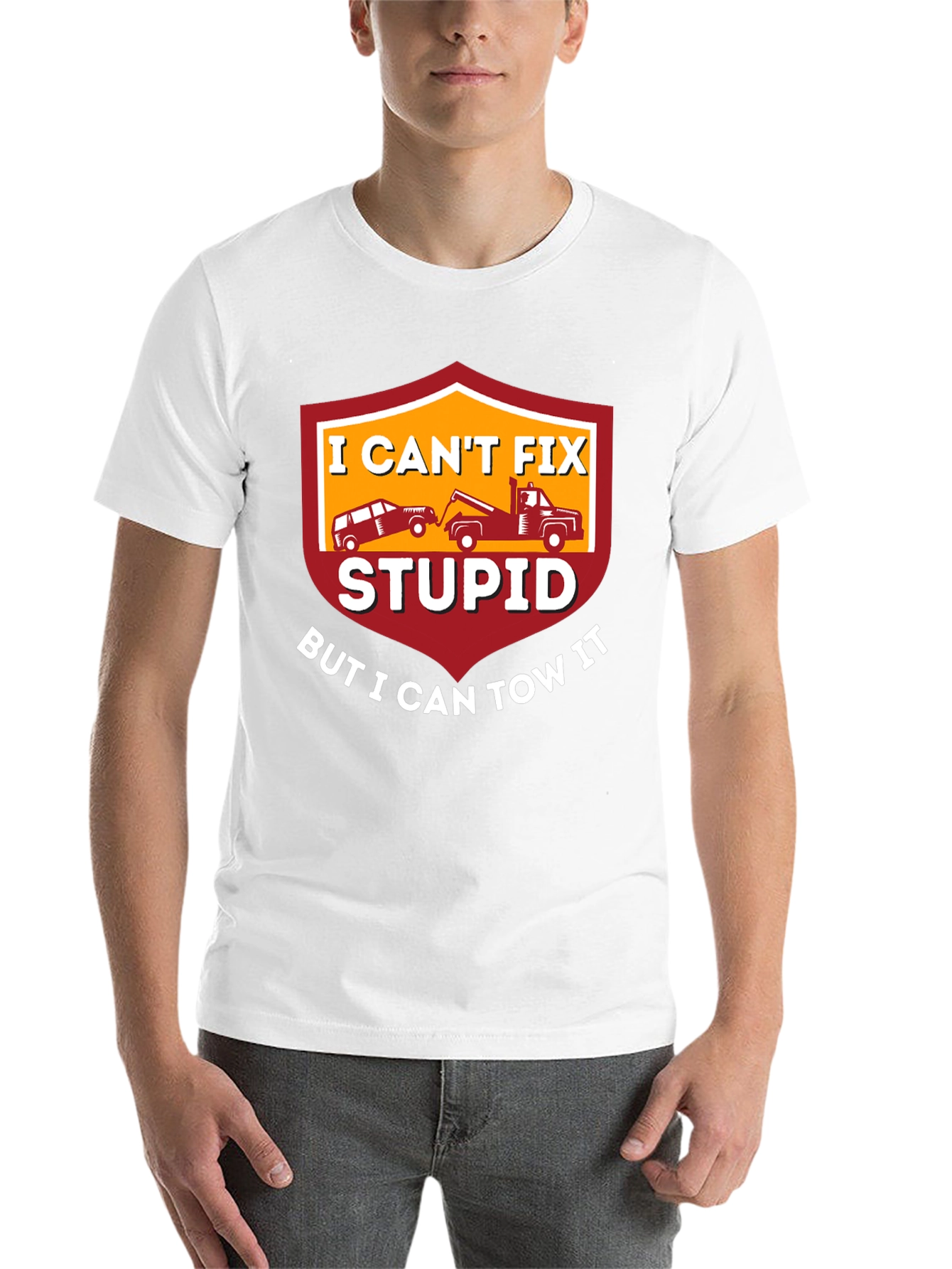 Black I Can't Fix Stupid Tow Truck T-Shirt view 14