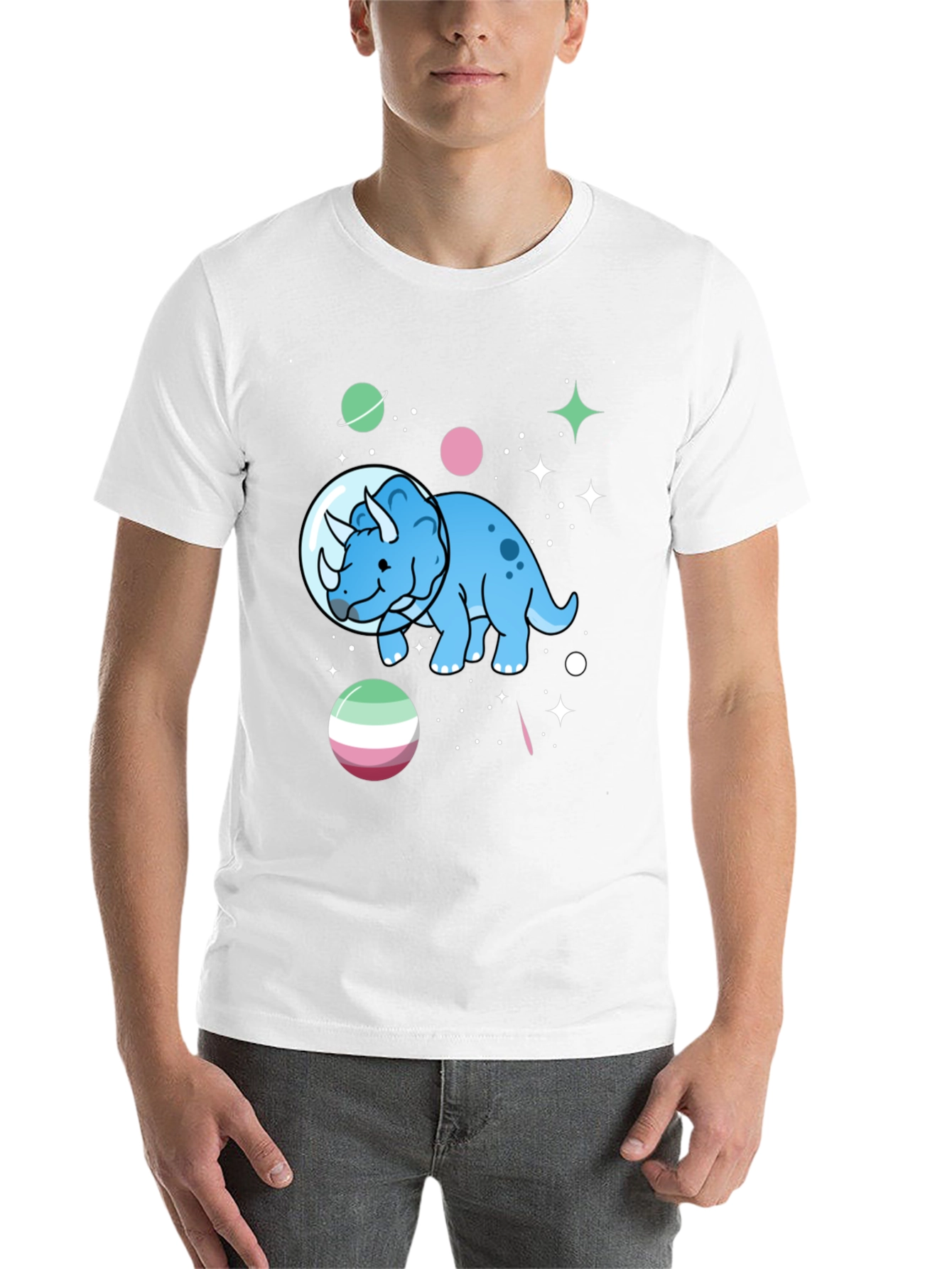 Black Dino in Space T-Shirt - Triceratops Astronaut view 14