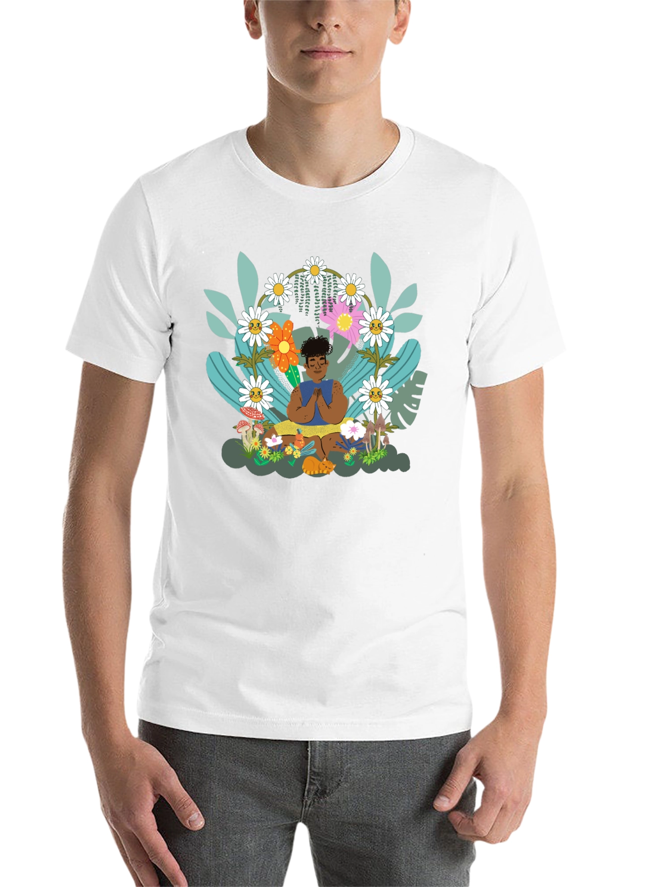 Black Zen Garden T-Shirt - Meditating Figure with Floral Design view 14