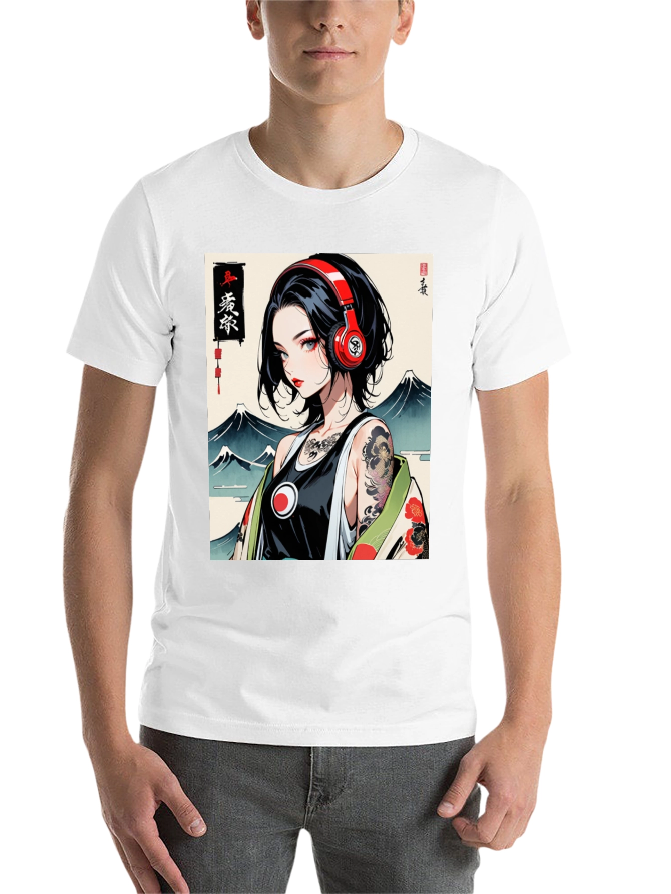 Black Anime Girl Headphones Graphic Black T-Shirt view 14