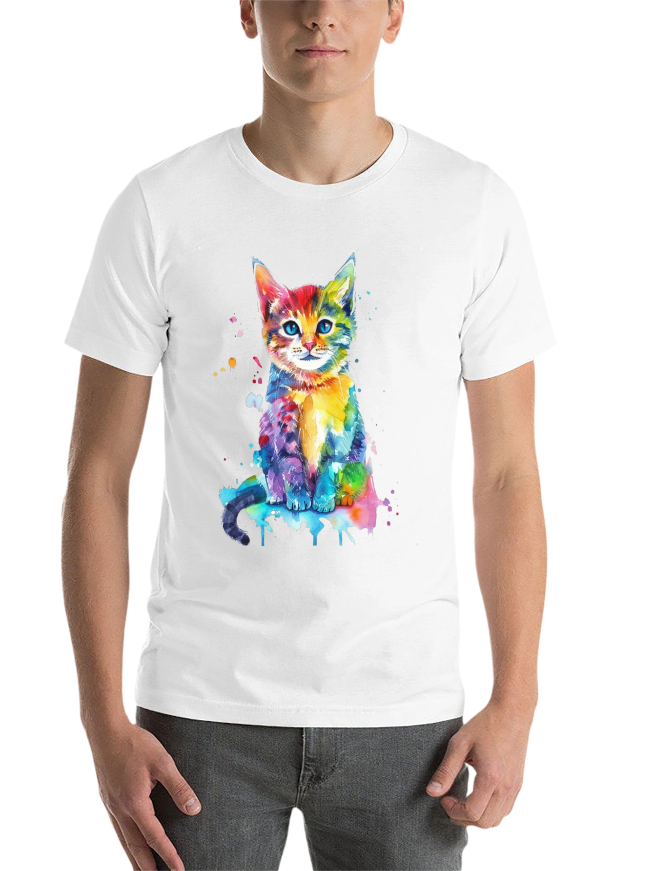 Black Watercolor Cat Graphic Tee - Vibrant Colorful Kitten Shirt view 14