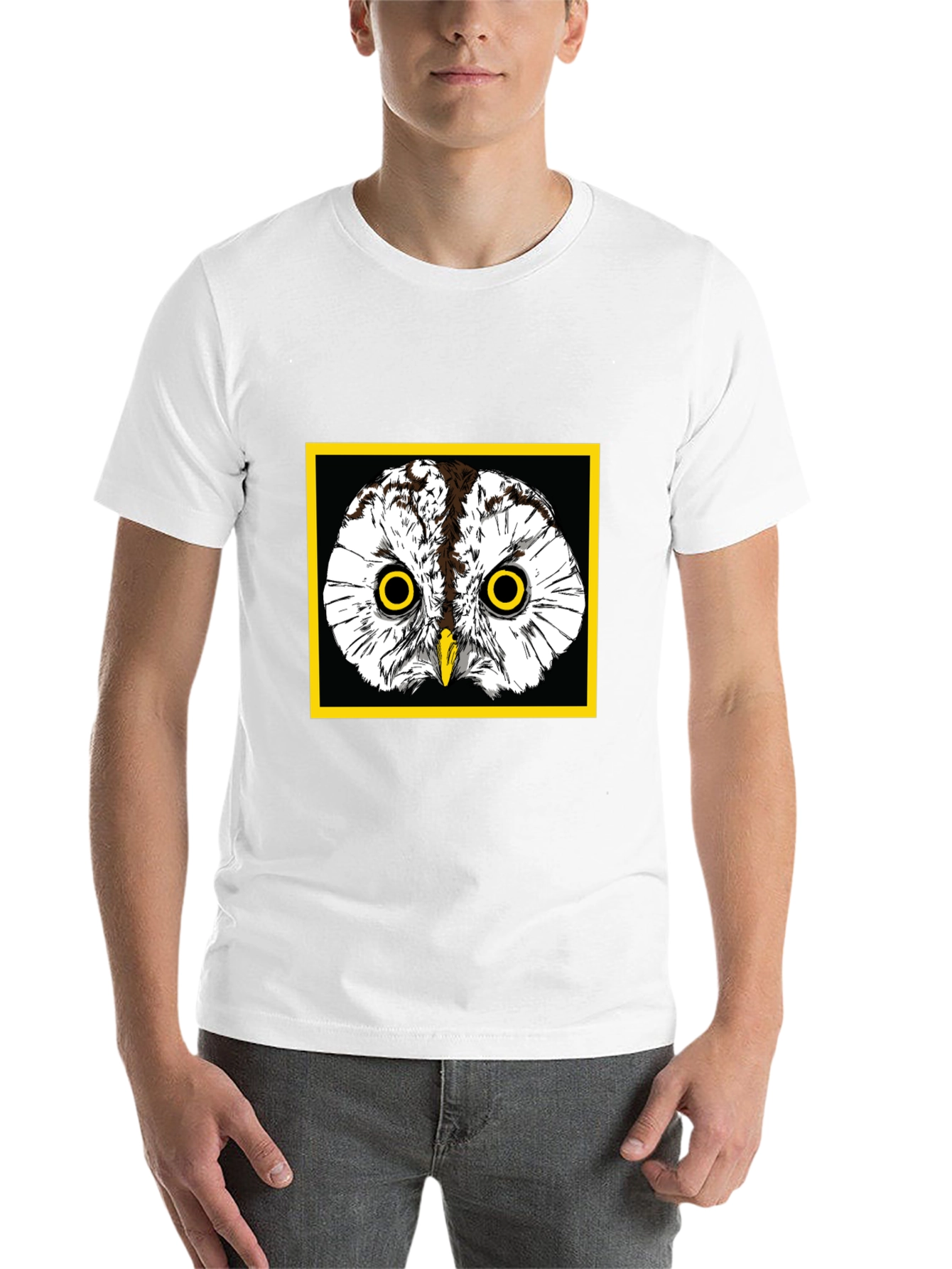Black Owl Graphic Tee - Black Cotton T-Shirt with Yellow Border view 14