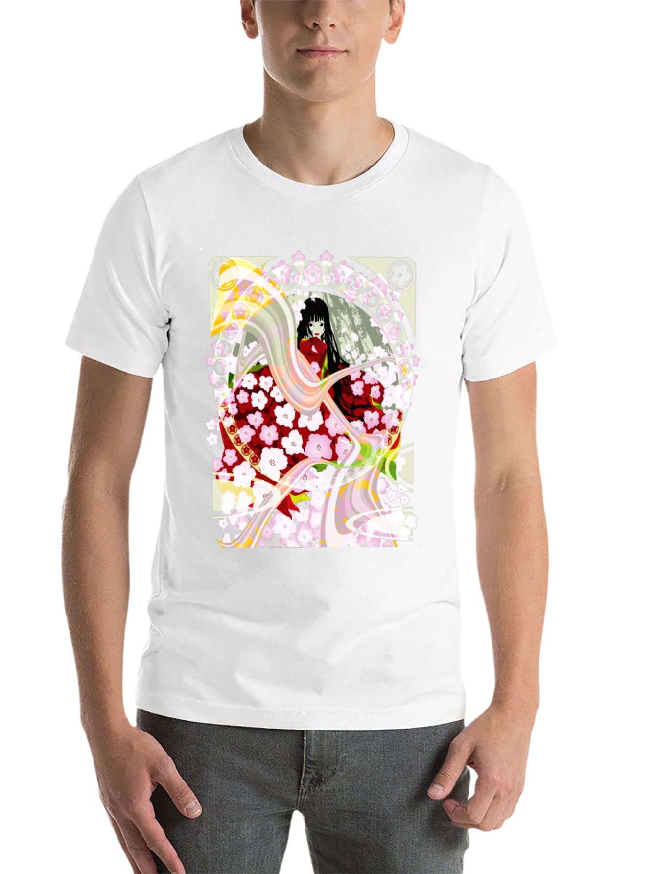 Anime Girl Cherry Blossom Black T-Shirt - 14