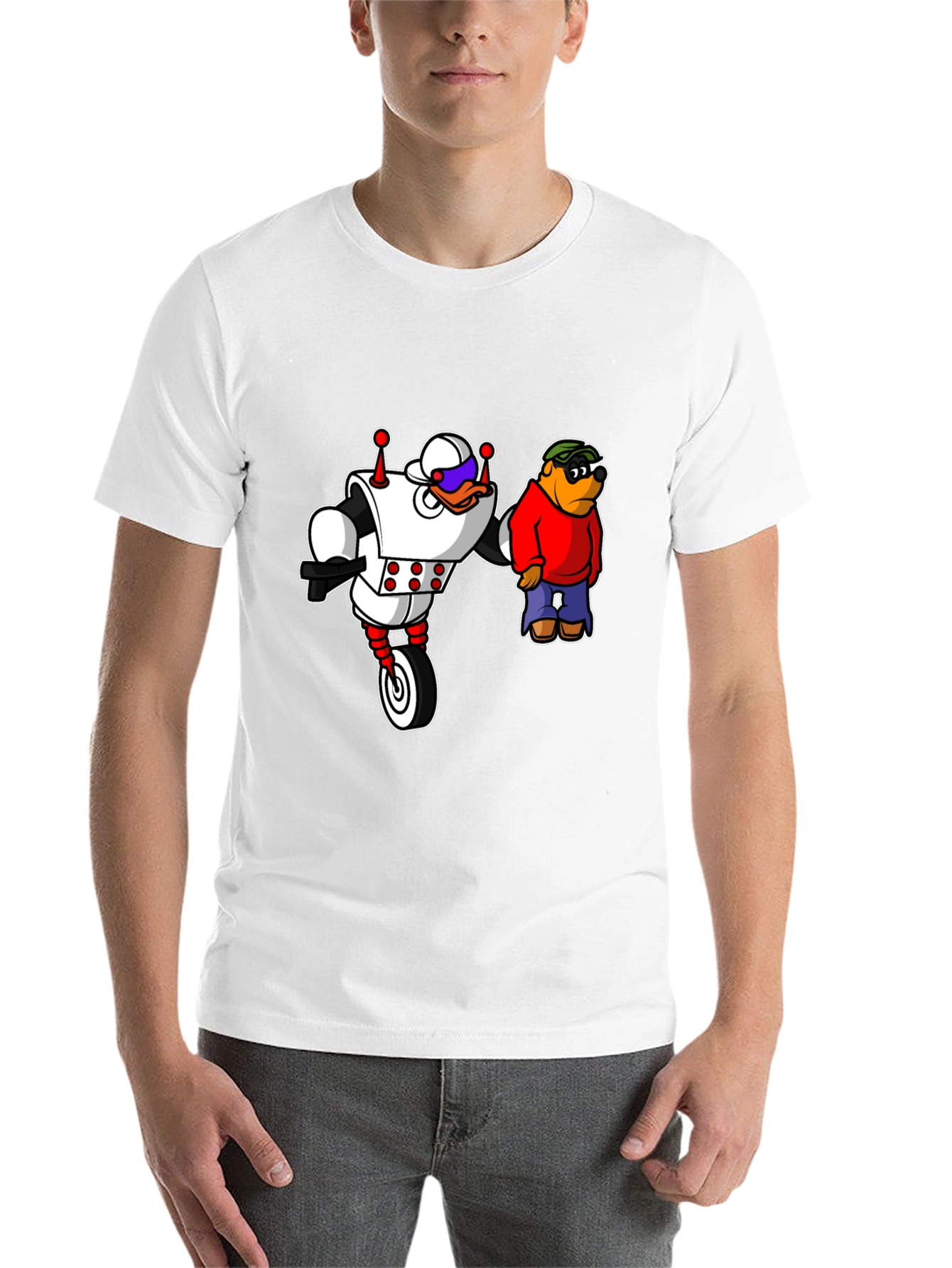 Black Robot Duck and Cartoon Bear Graphic T-Shirt view 14