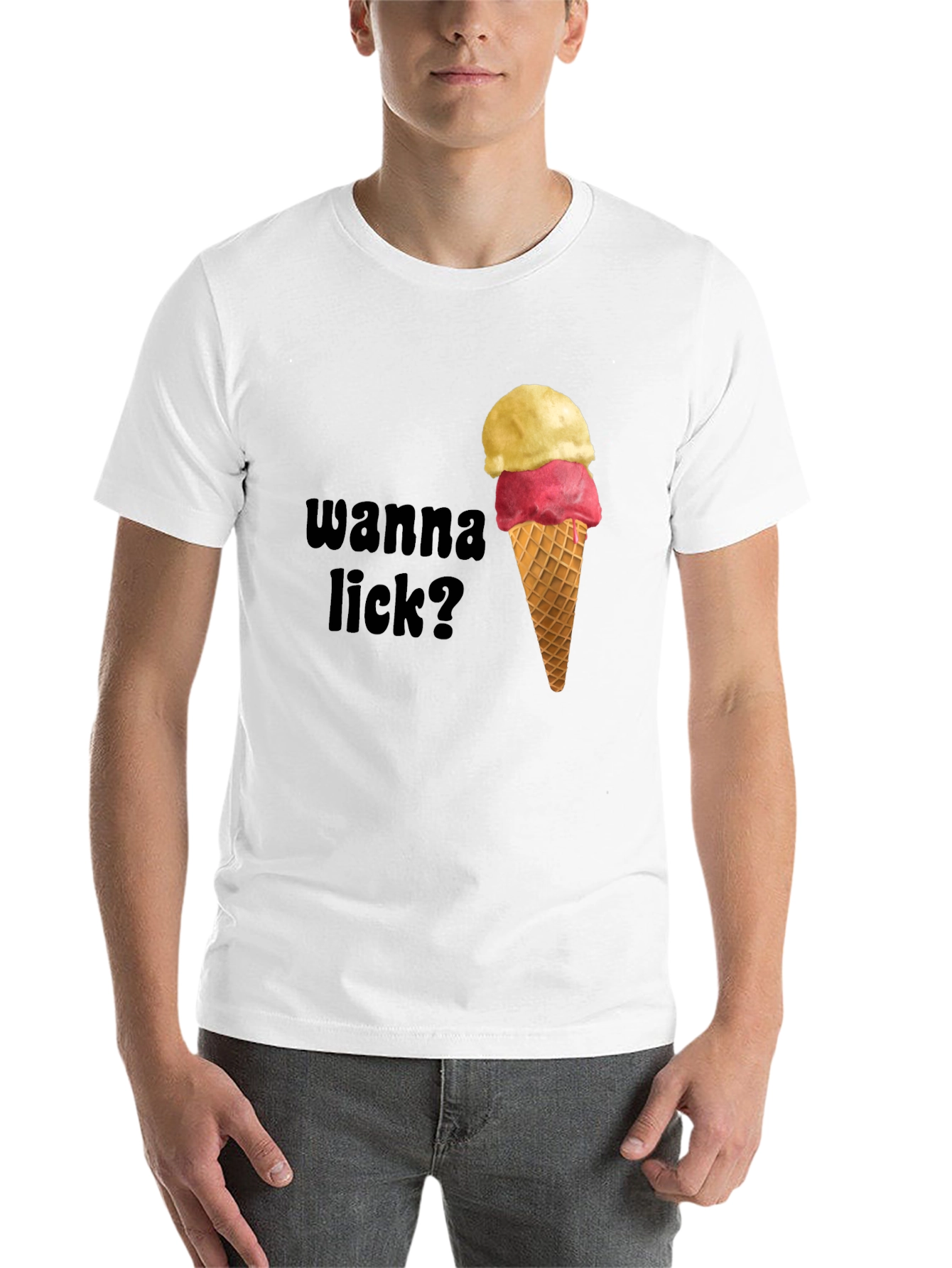Black Ice Cream Graphic Tee - Wanna Lick? Novelty Shirt view 14