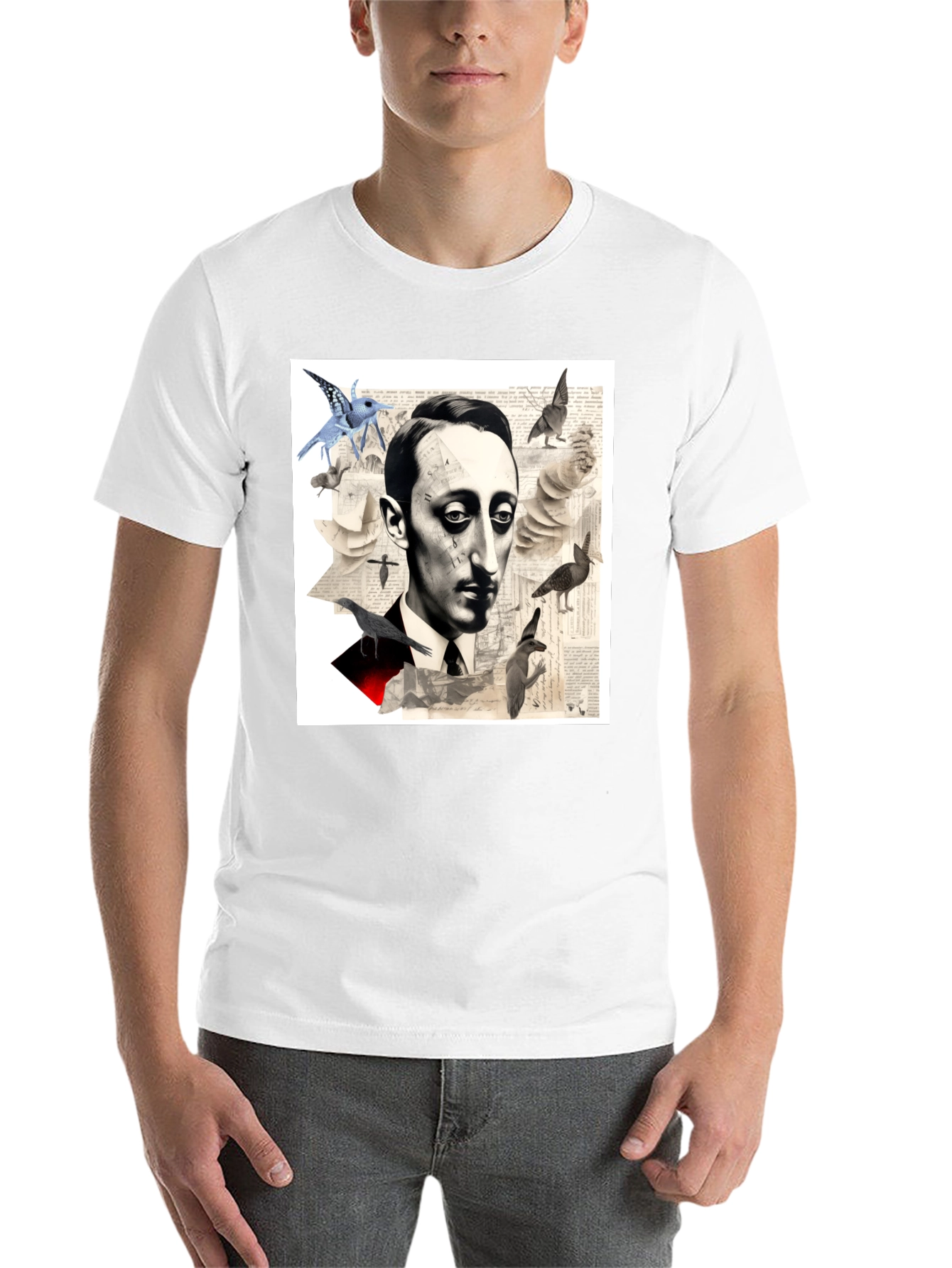 Black Surrealist Literary T-Shirt: Portrait with Birds view 14