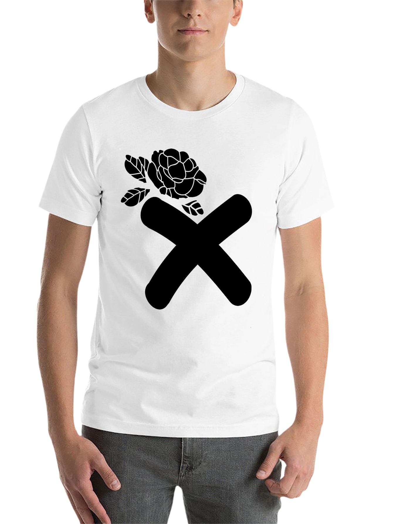 Black Modern Graphic Tee - Black X & Rose Design view 14