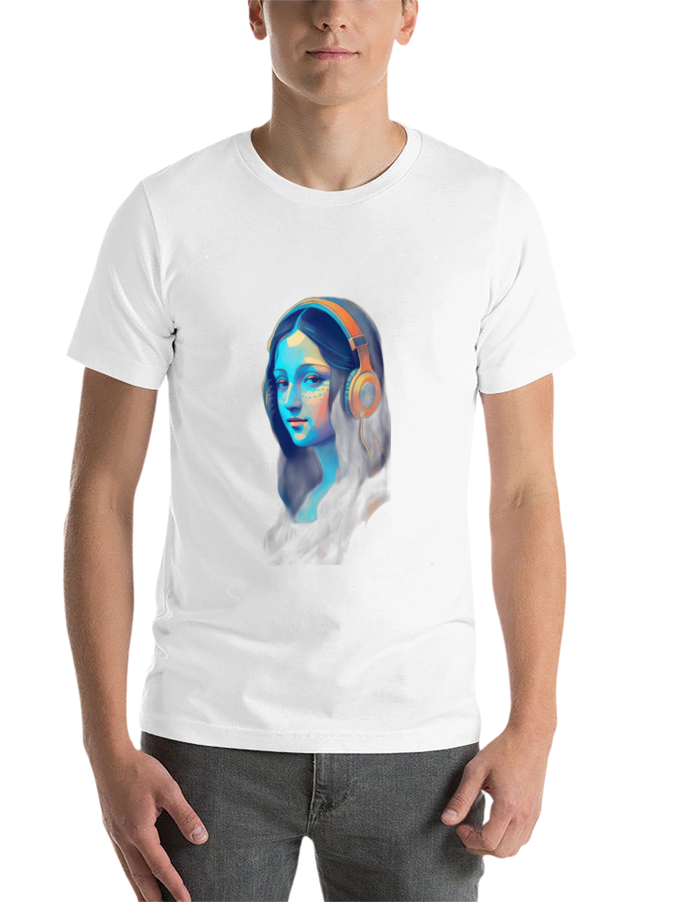 Black Mona Lisa Headphones Graphic Black T-Shirt view 14