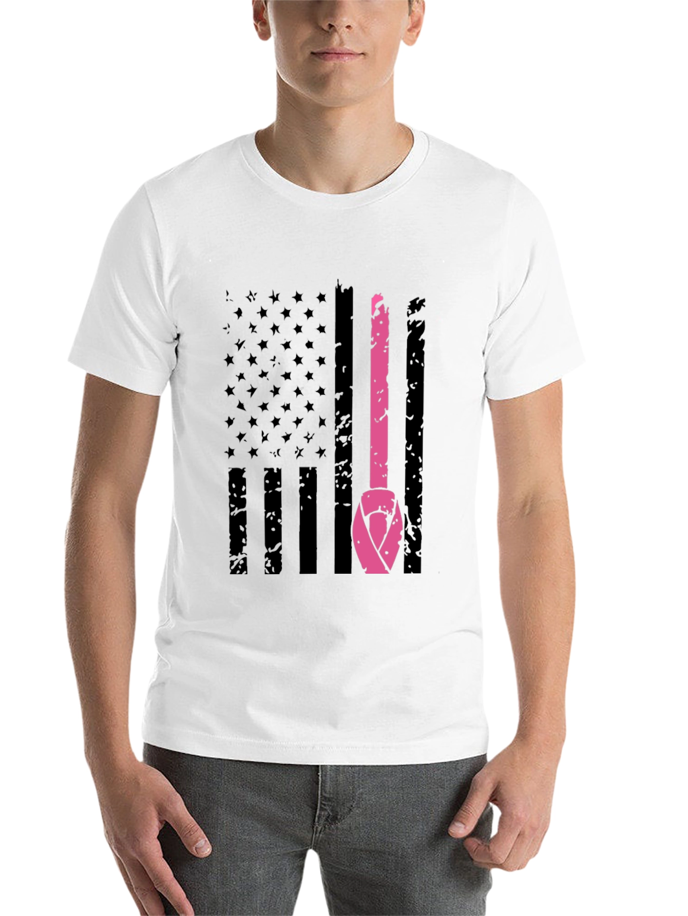 Black Breast Cancer Awareness US Flag T-Shirt view 14