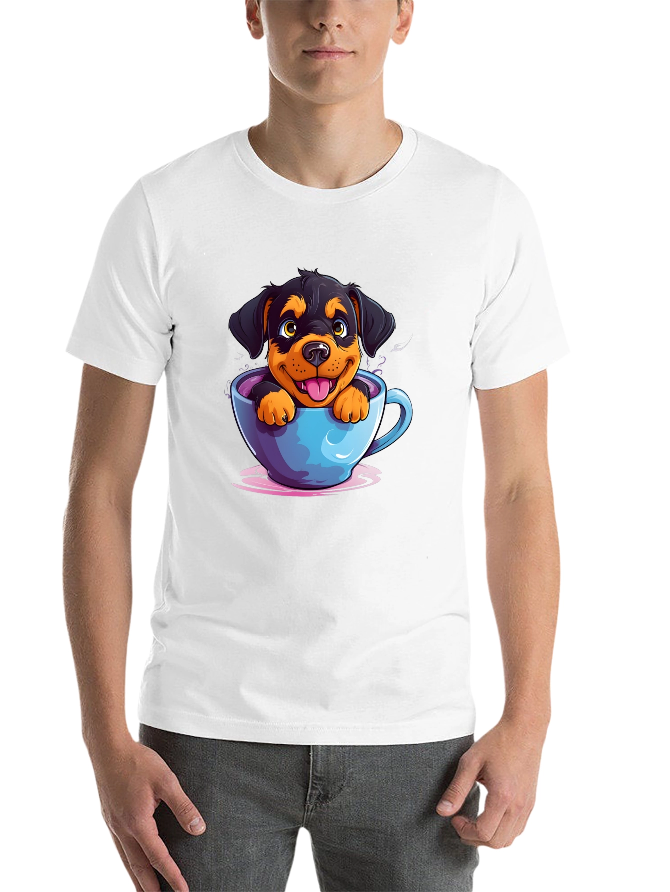 Black Cute Dog in Cup T-Shirt - Cartoon Rottweiler view 14