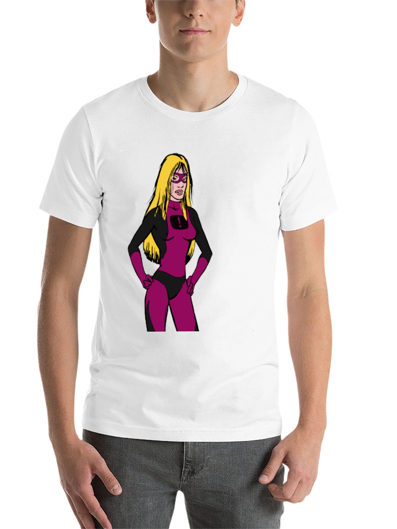 Black Cartoon Superheroine on Black T-Shirt view 14
