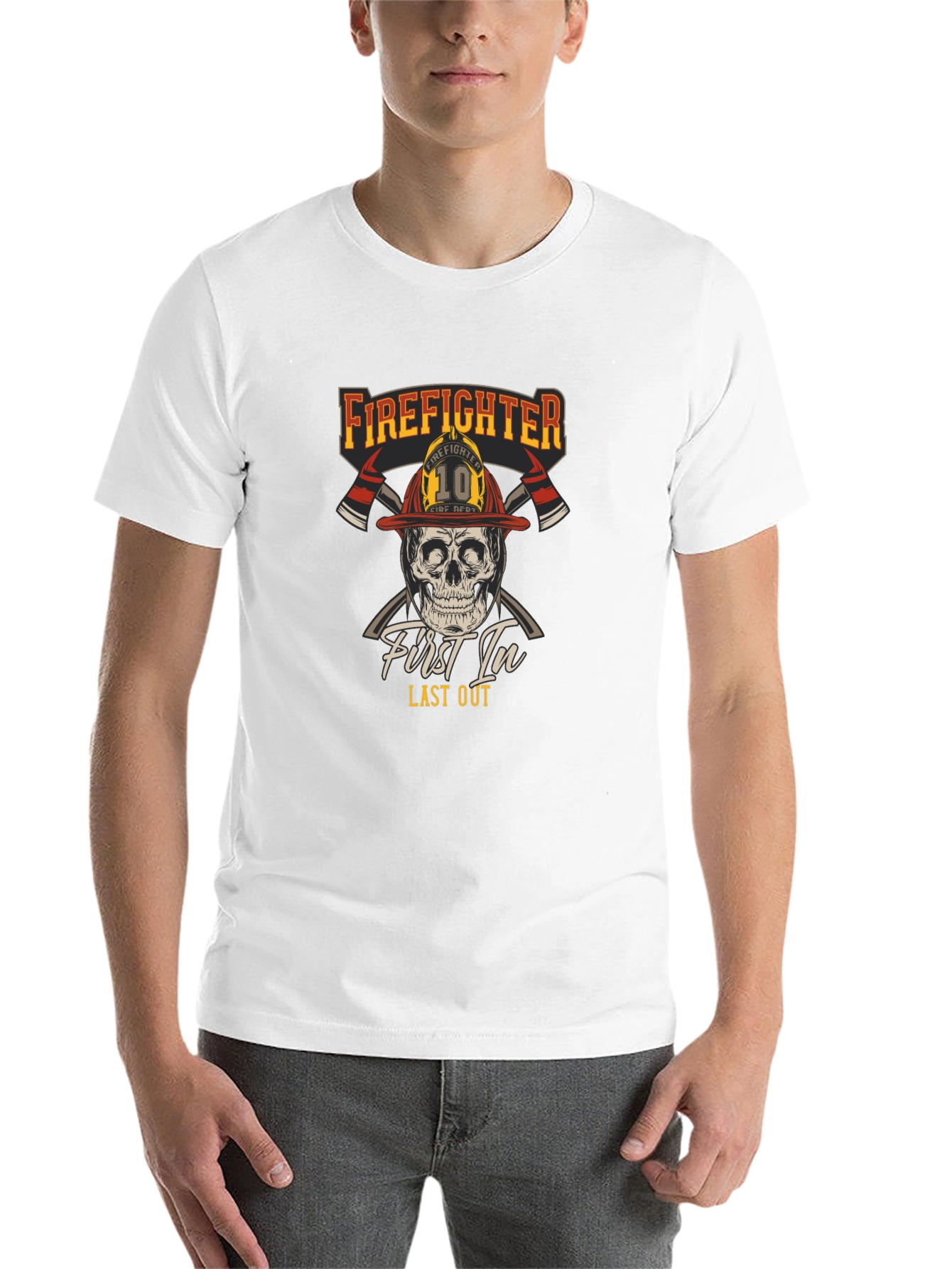 Black Firefighter Skull T-Shirt - First In Last Out Graphic Tee view 14