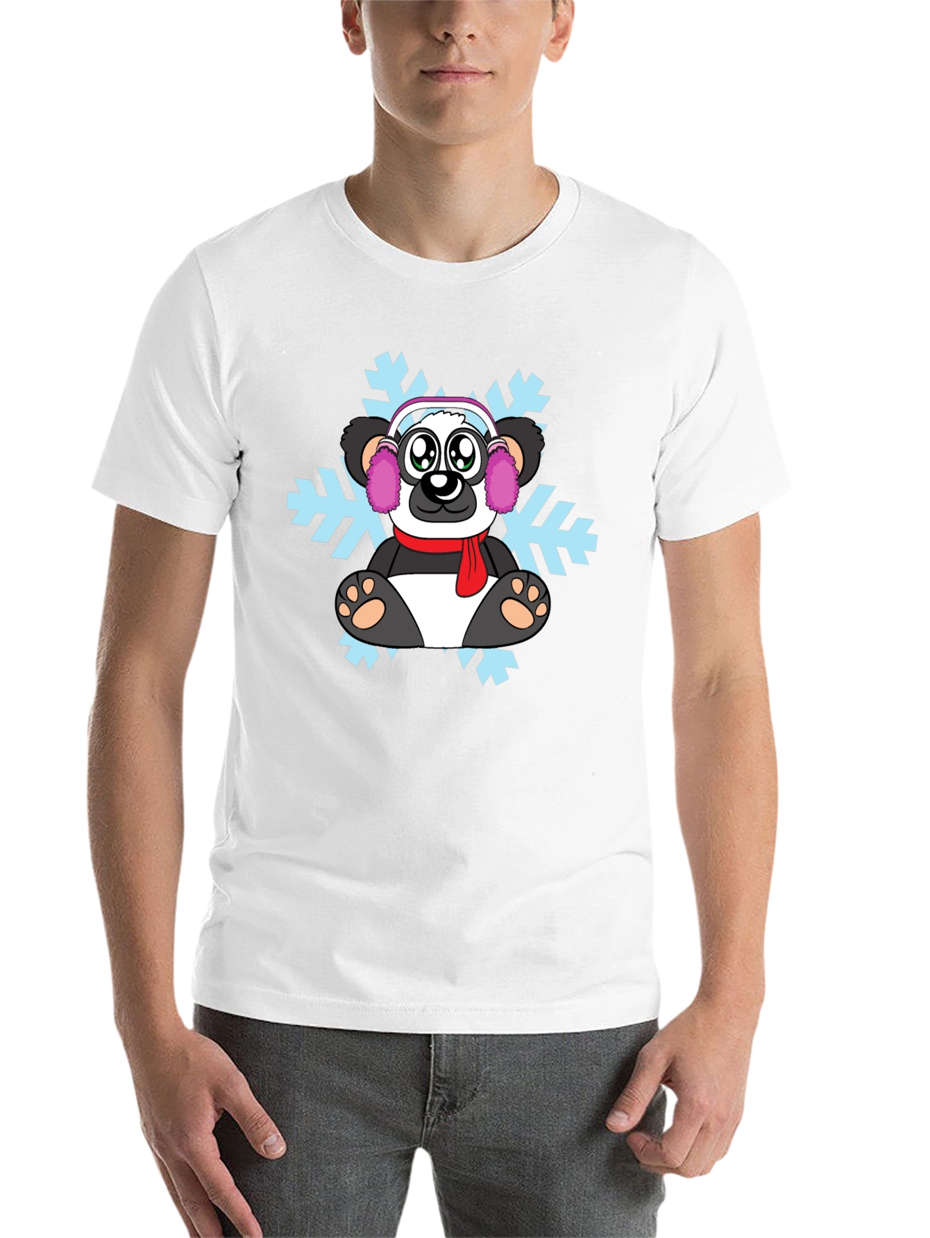 Black Cute Winter Panda T-Shirt - Snowflake Design view 14