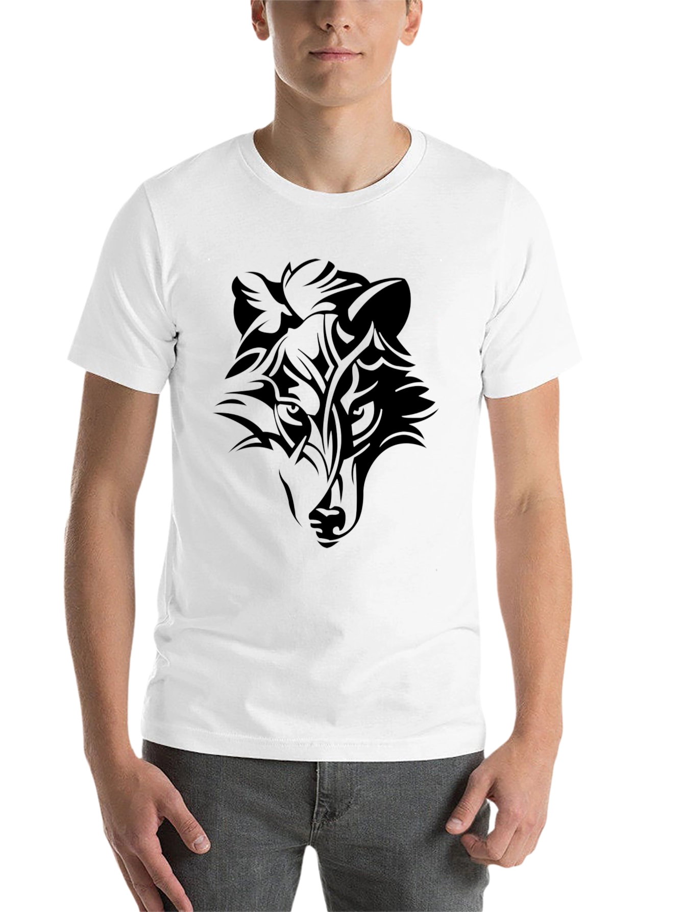 Black Men's Black Wolf Graphic Tee - Tribal Style view 14