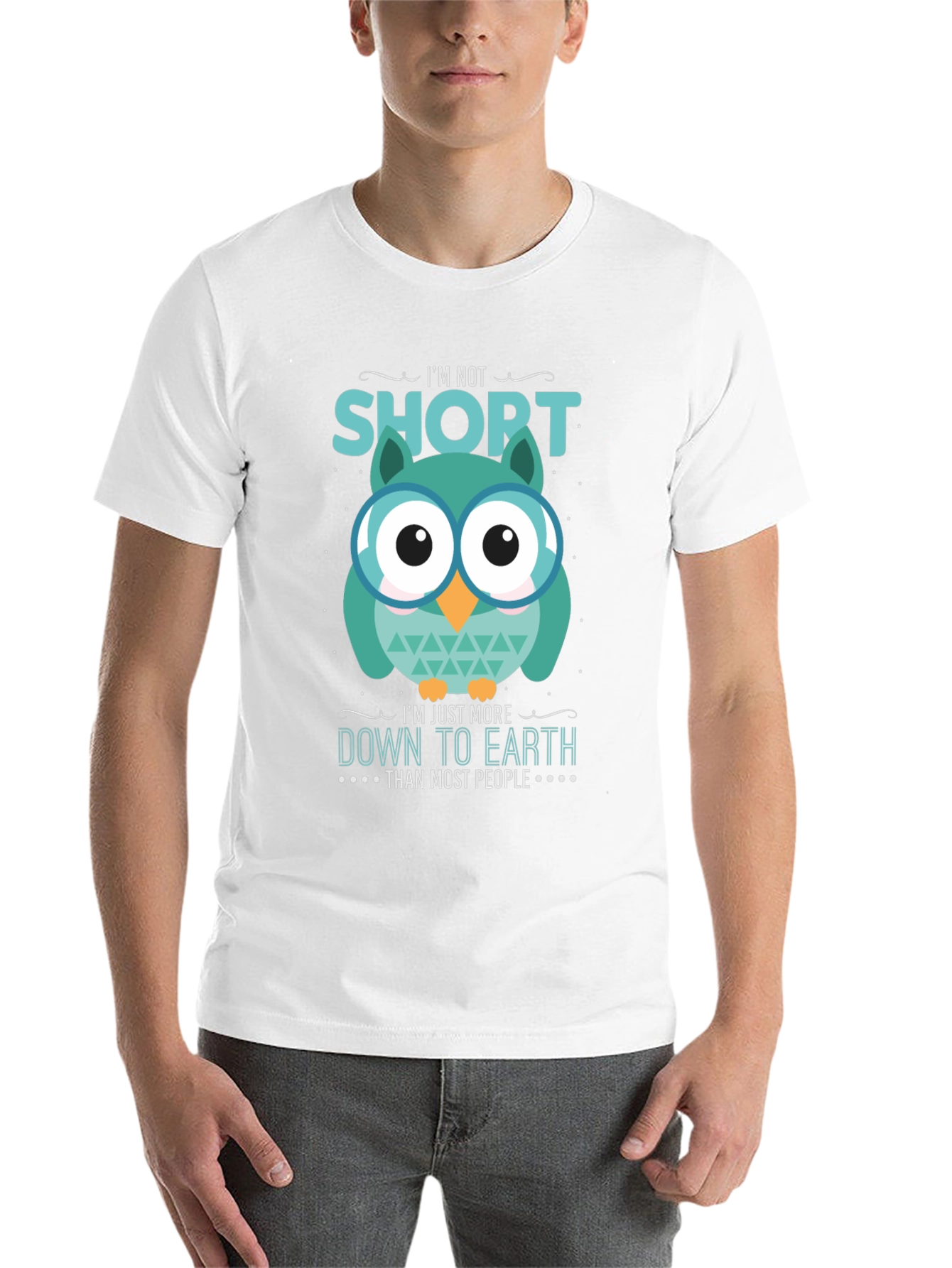 Black Funny Owl T-Shirt: I'm Not Short, Down to Earth view 14
