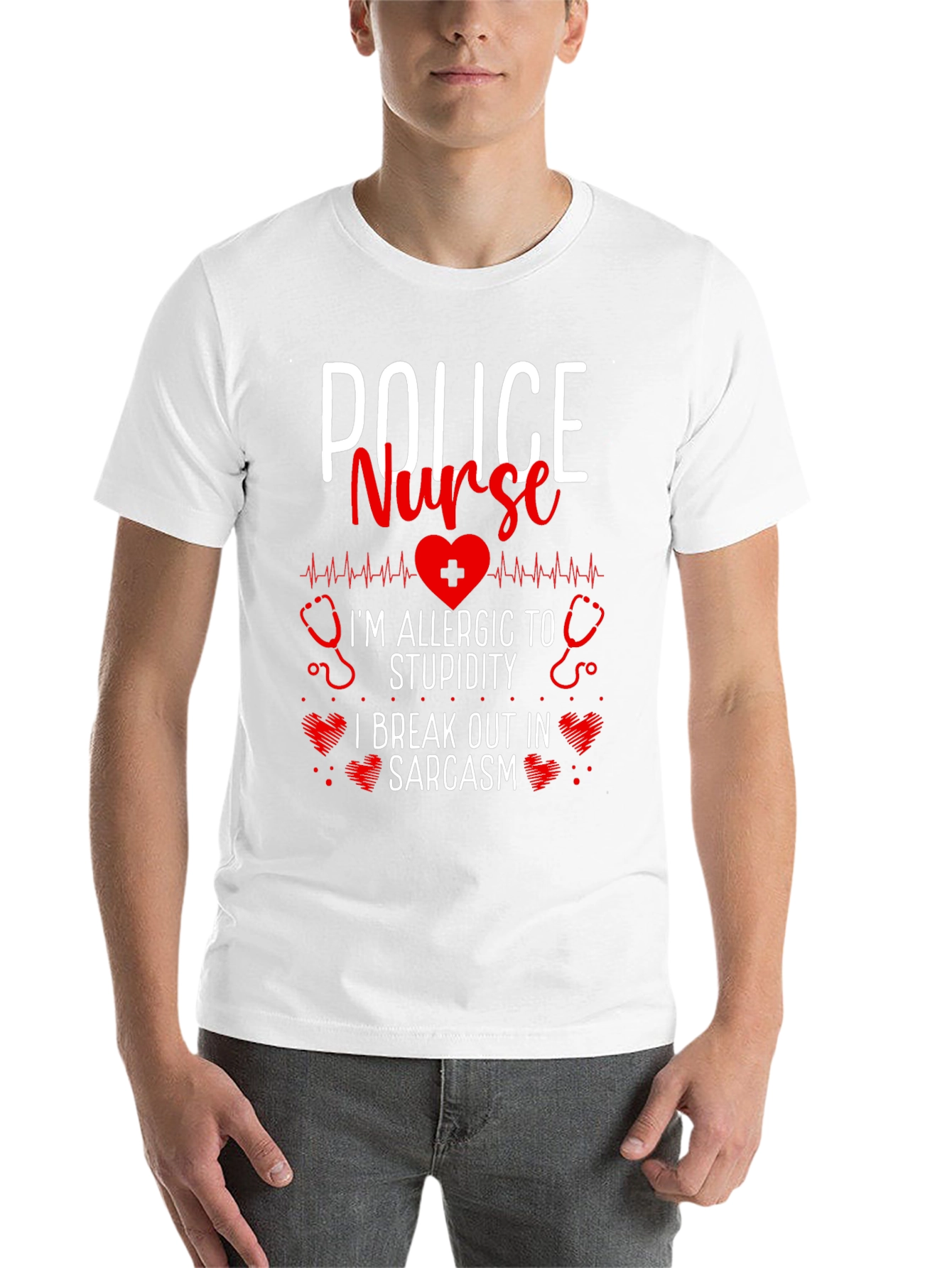 Black Police Nurse Sarcastic T-Shirt - I'm Allergic to Stupidity! view 14