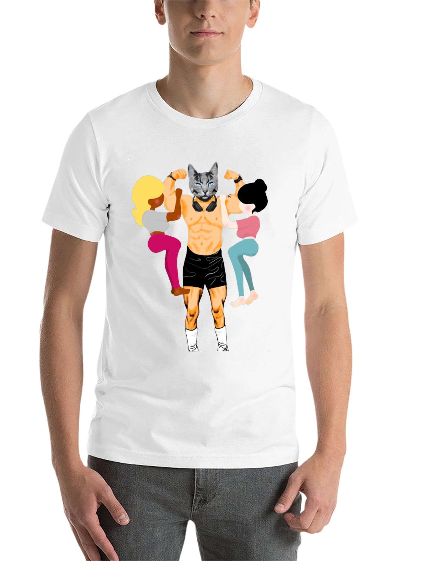 Black Funny Cat Bodybuilder Graphic Tee view 14