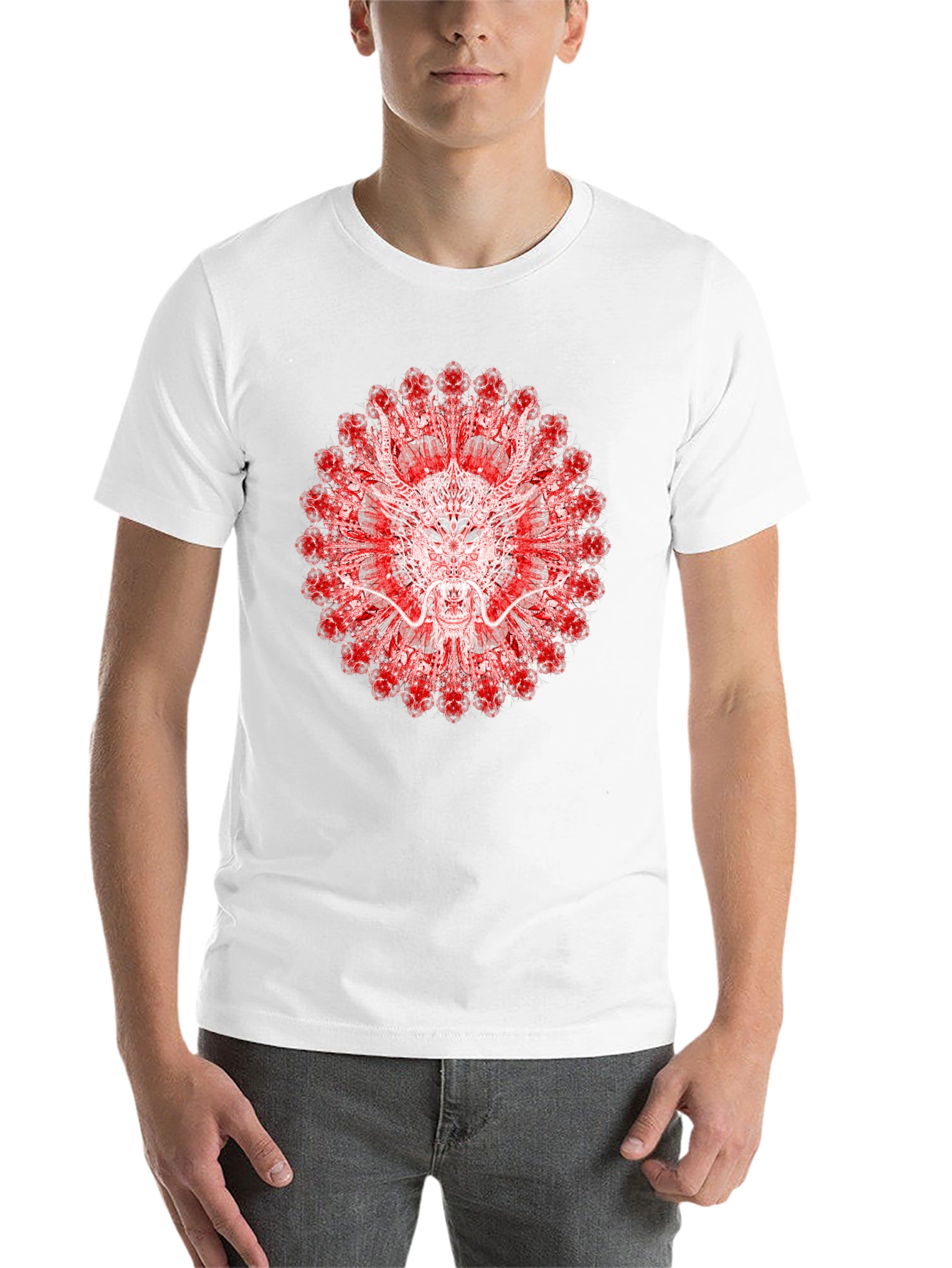 Black Dragon Mandala Graphic Tee - Unique Red & White Design view 14