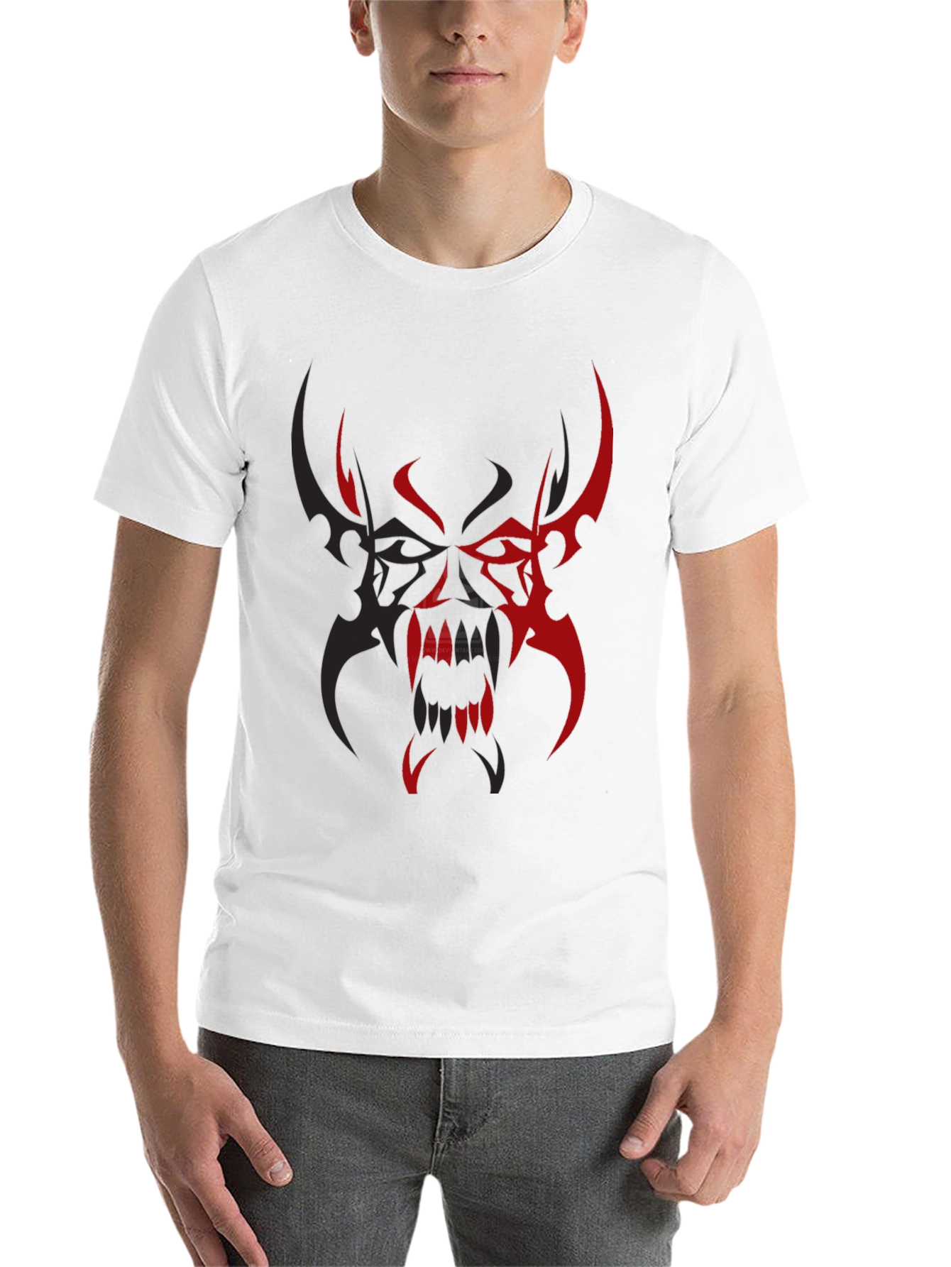 Black Men's Black T-Shirt with Red/Black Tribal Demon Design view 14